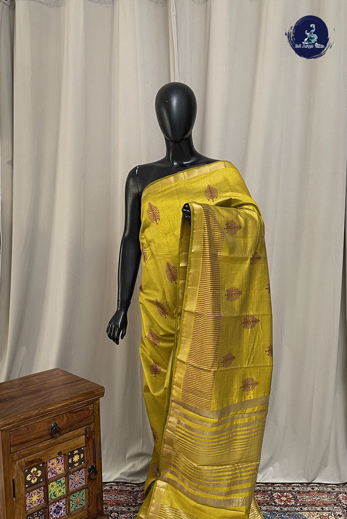 Mustard Yellow Semi Tussar Saree With Printed Pattern