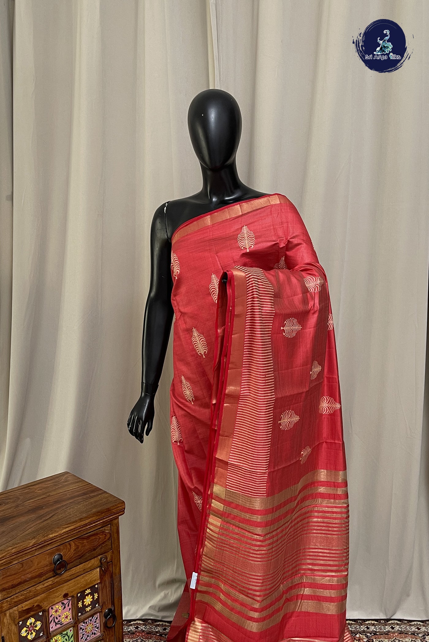 Red Semi Tussar Saree With Printed Pattern