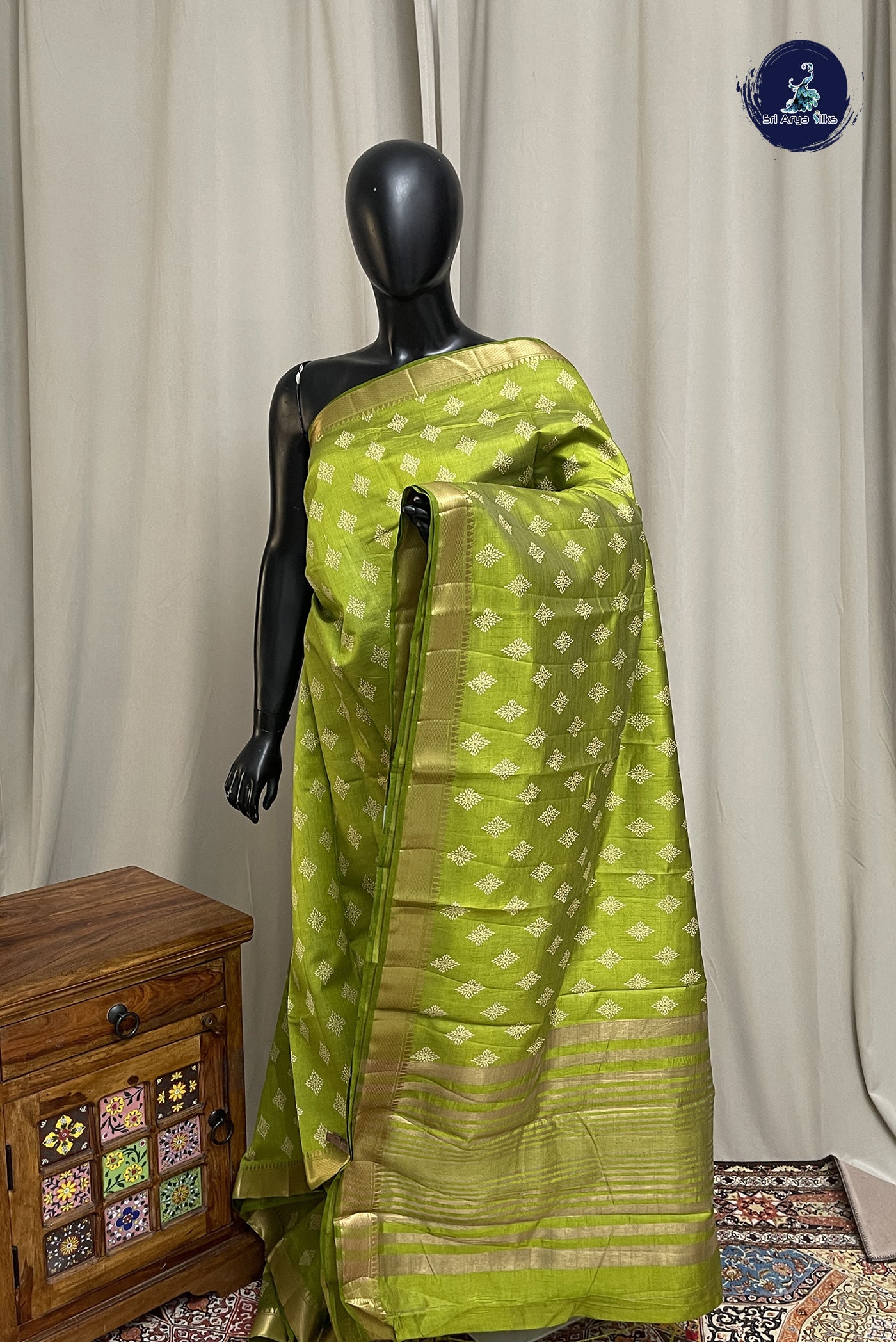 Lime Green Semi Tussar Saree With Printed Pattern