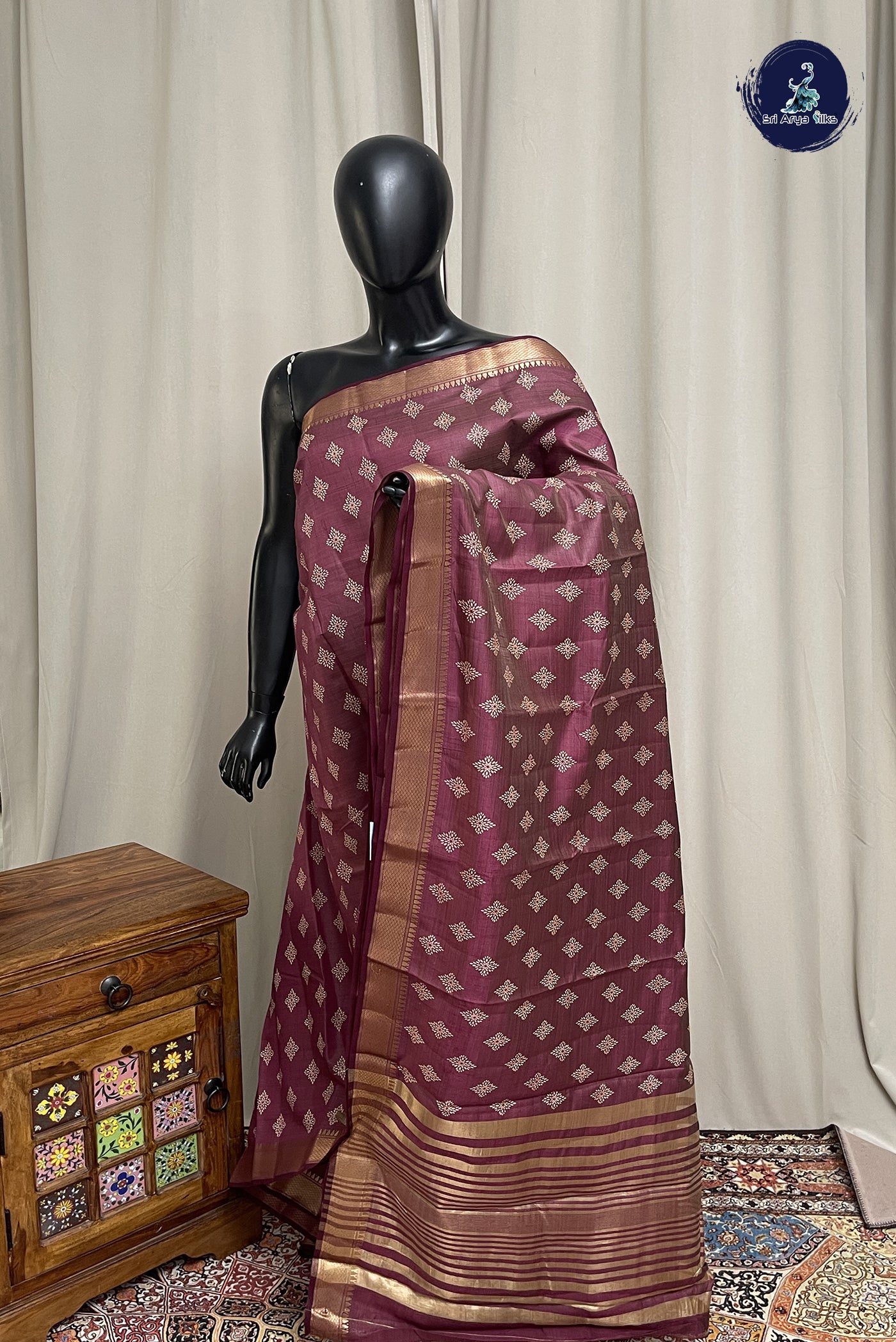 Burgundy Semi Tussar Saree With Printed Pattern
