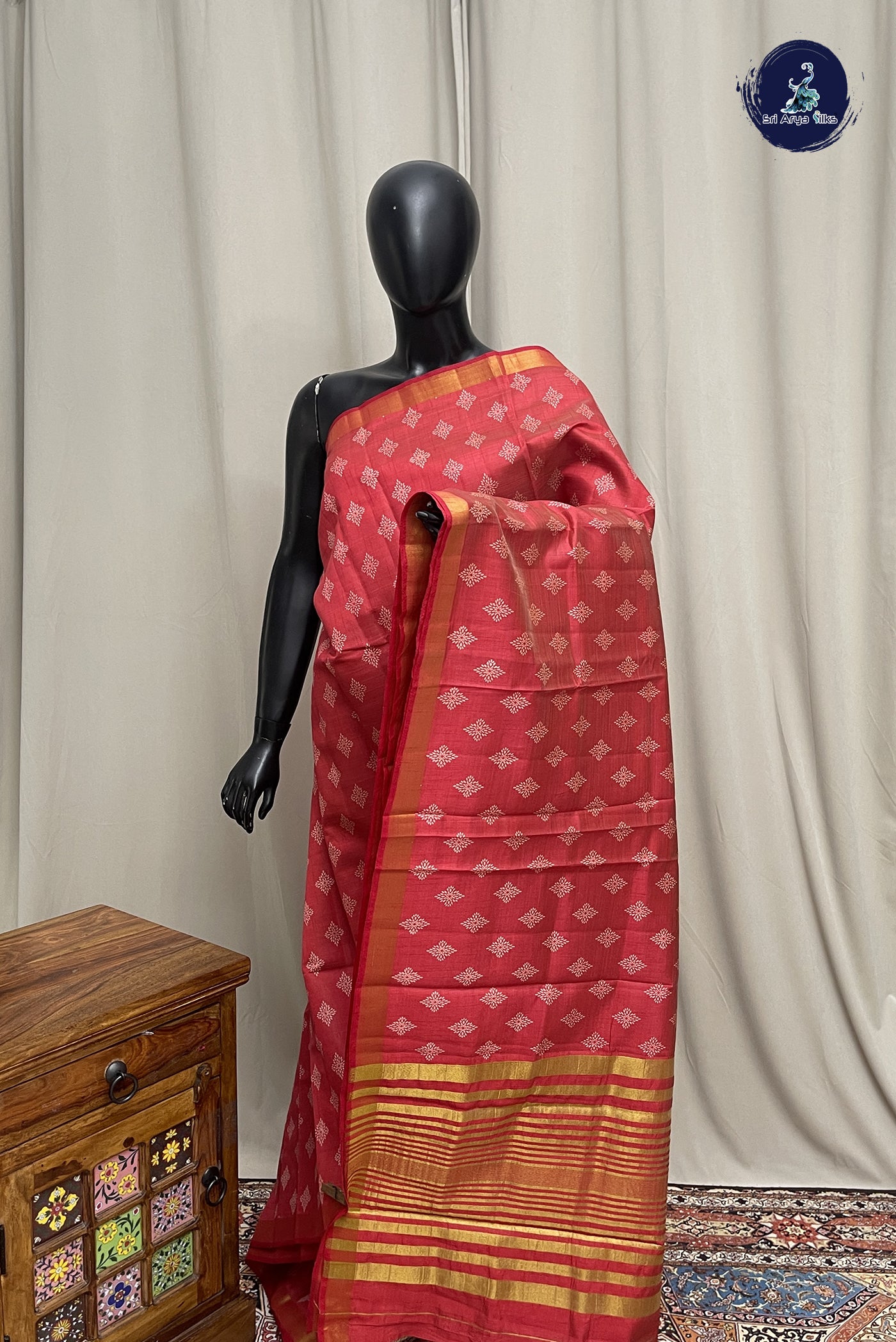 Red Semi Tussar Saree With Printed Pattern