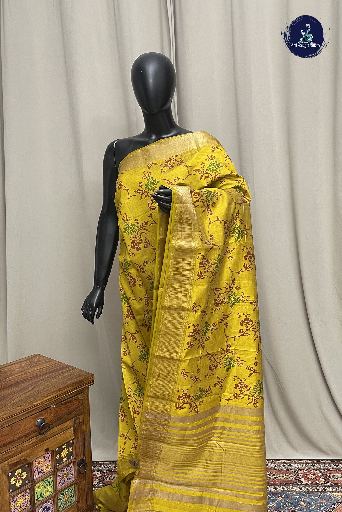 Mustard Semi Tussar Saree With Printed Pattern