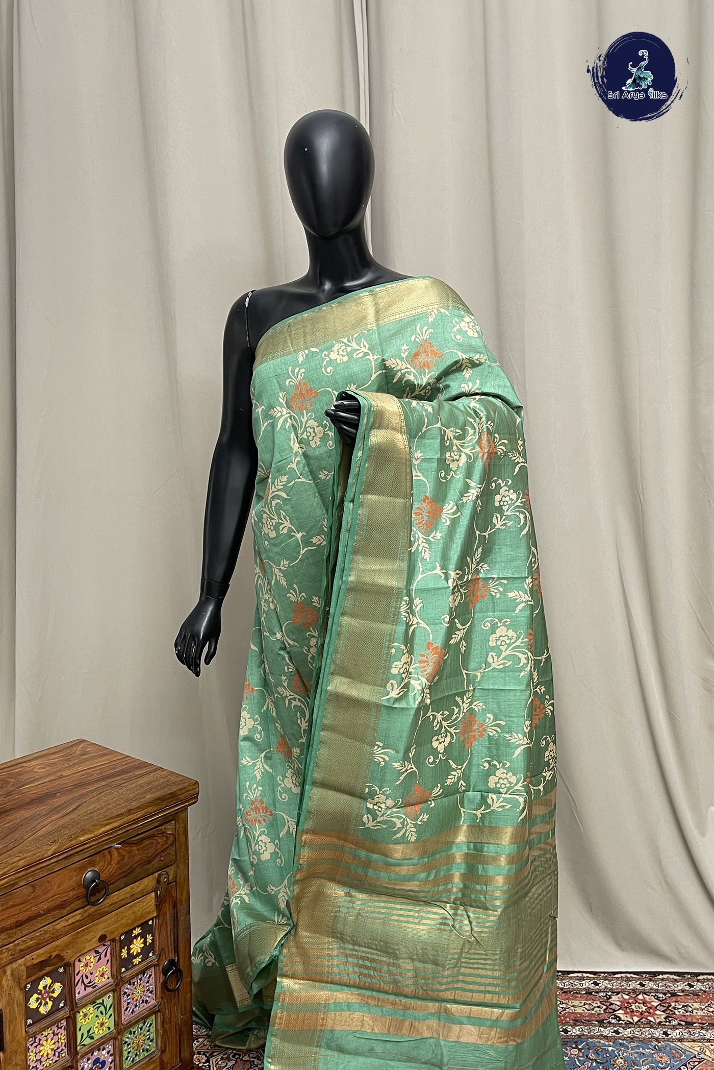 Pastel Green Semi Tussar Saree With Printed Pattern