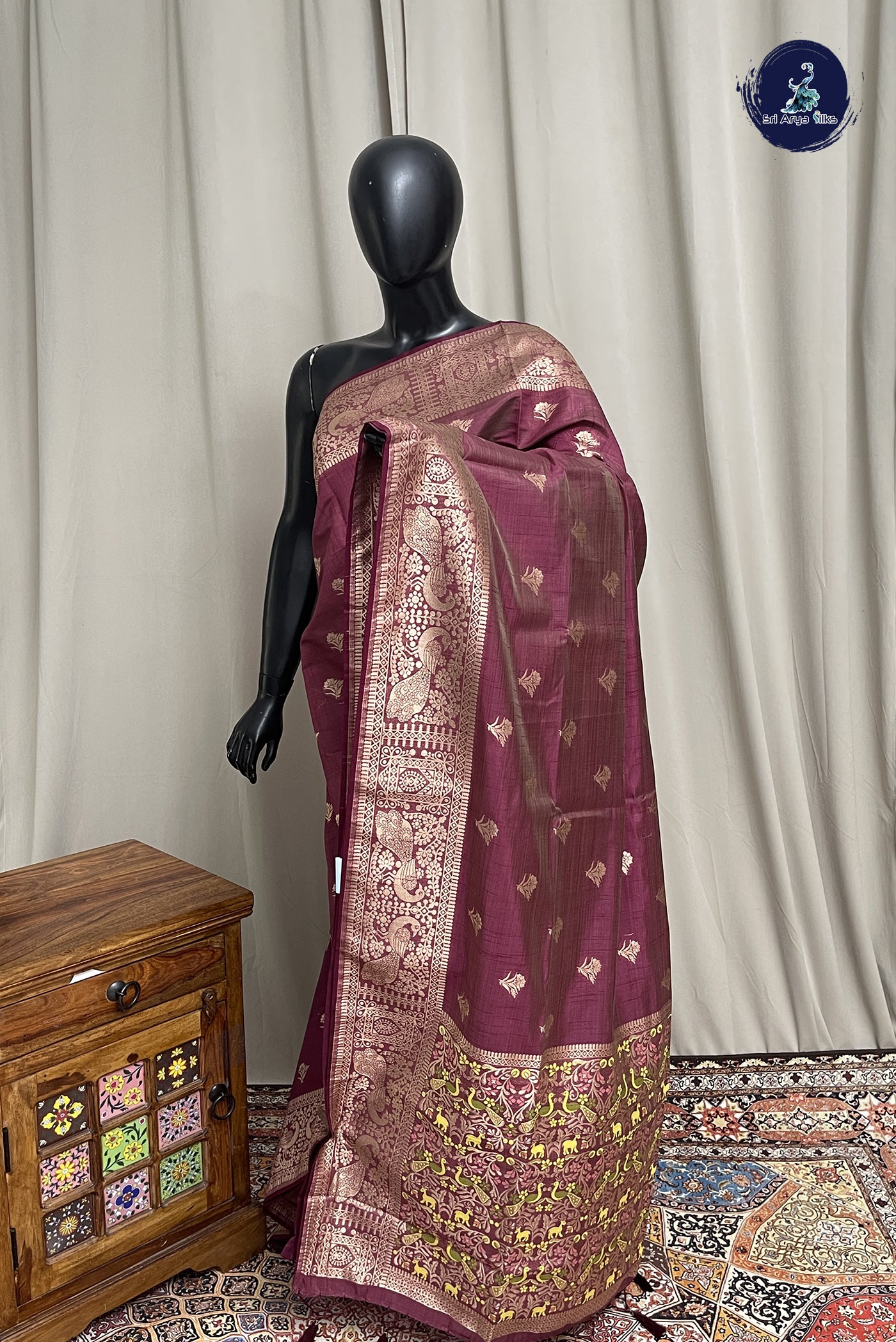 Burgundy Semi Tussar Saree With Zari Buttas Pattern