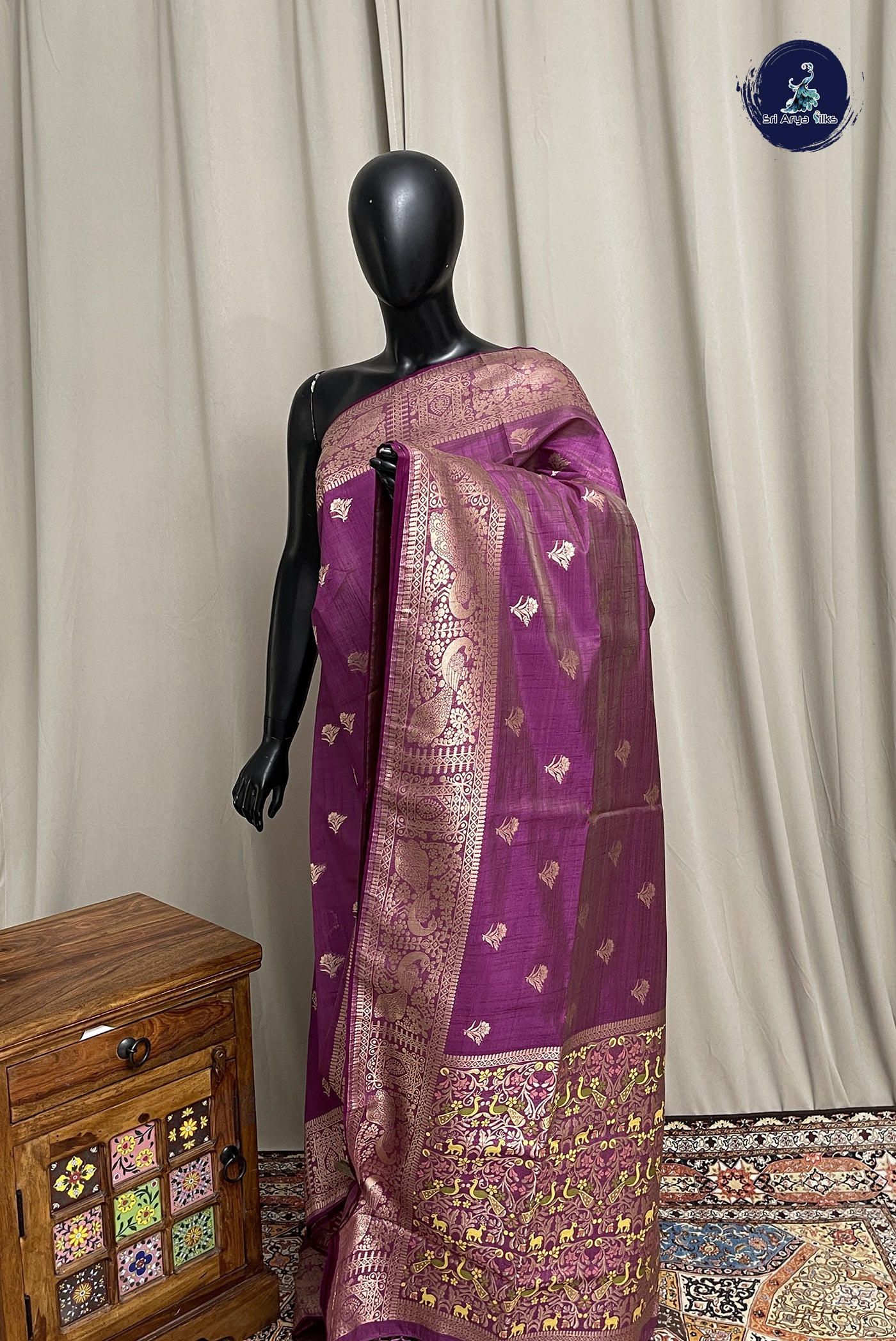 Purple Semi Tussar Saree With Zari Buttas Pattern