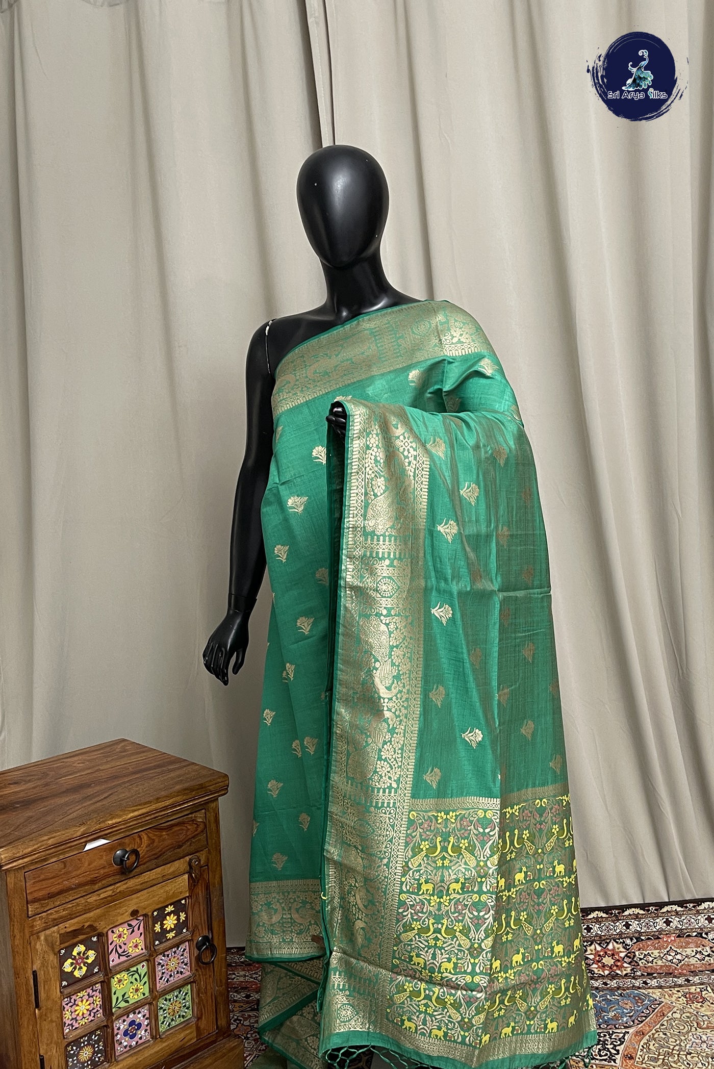 Green Semi Tussar Saree With Zari Buttas Pattern