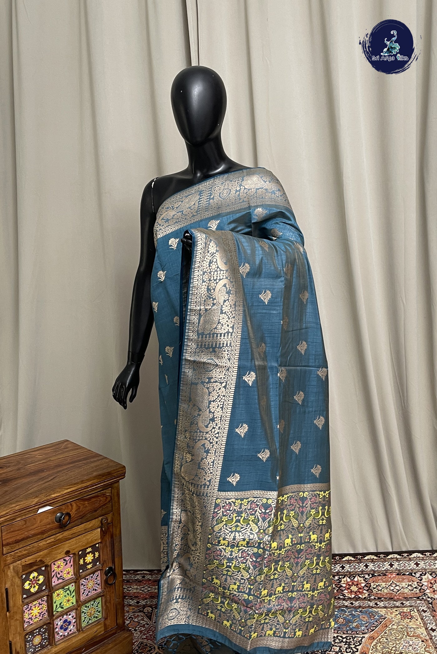 Dual Tone Blue Semi Tussar Saree With Zari Buttas Pattern