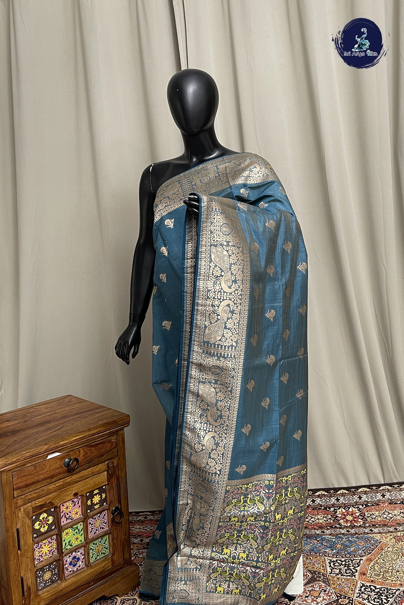 Dual Tone Blue Semi Tussar Saree With Zari Buttas Pattern
