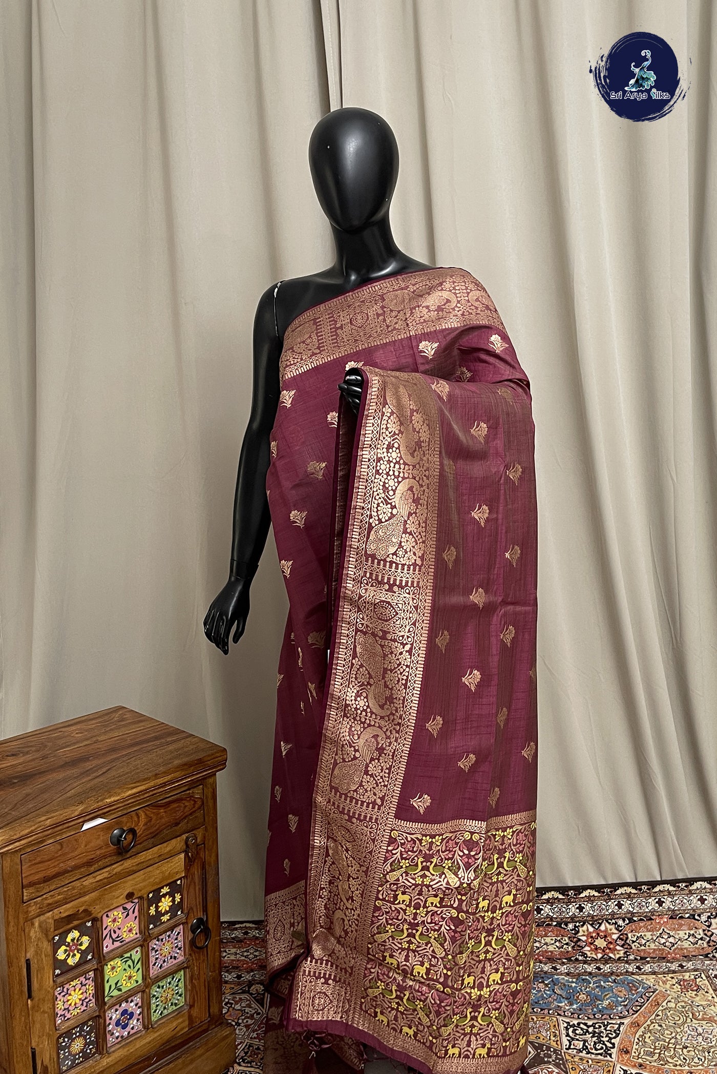 Burgundy Semi Tussar Saree With Zari Buttas Pattern