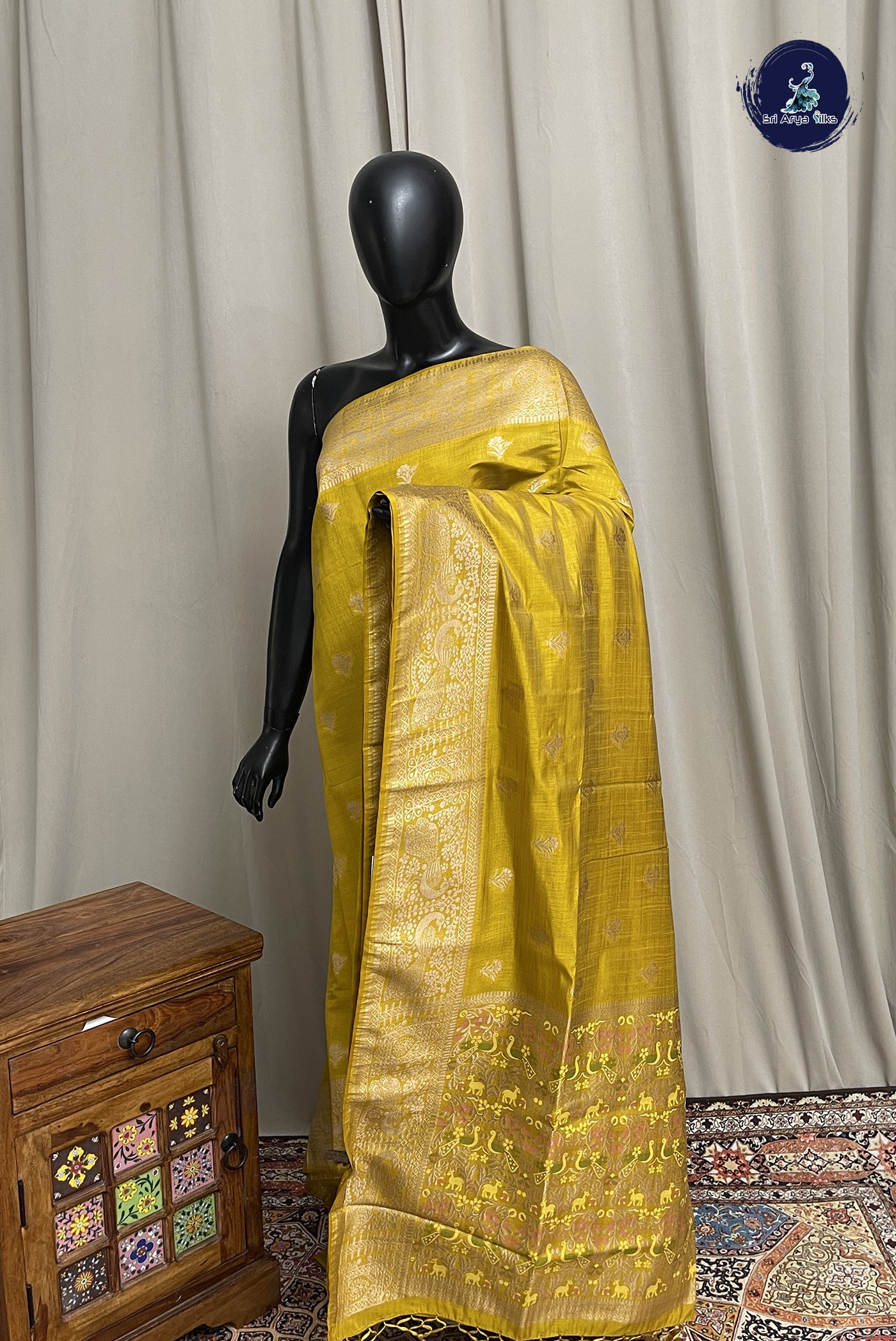 Yellow Semi Tussar Saree With Zari Buttas Pattern