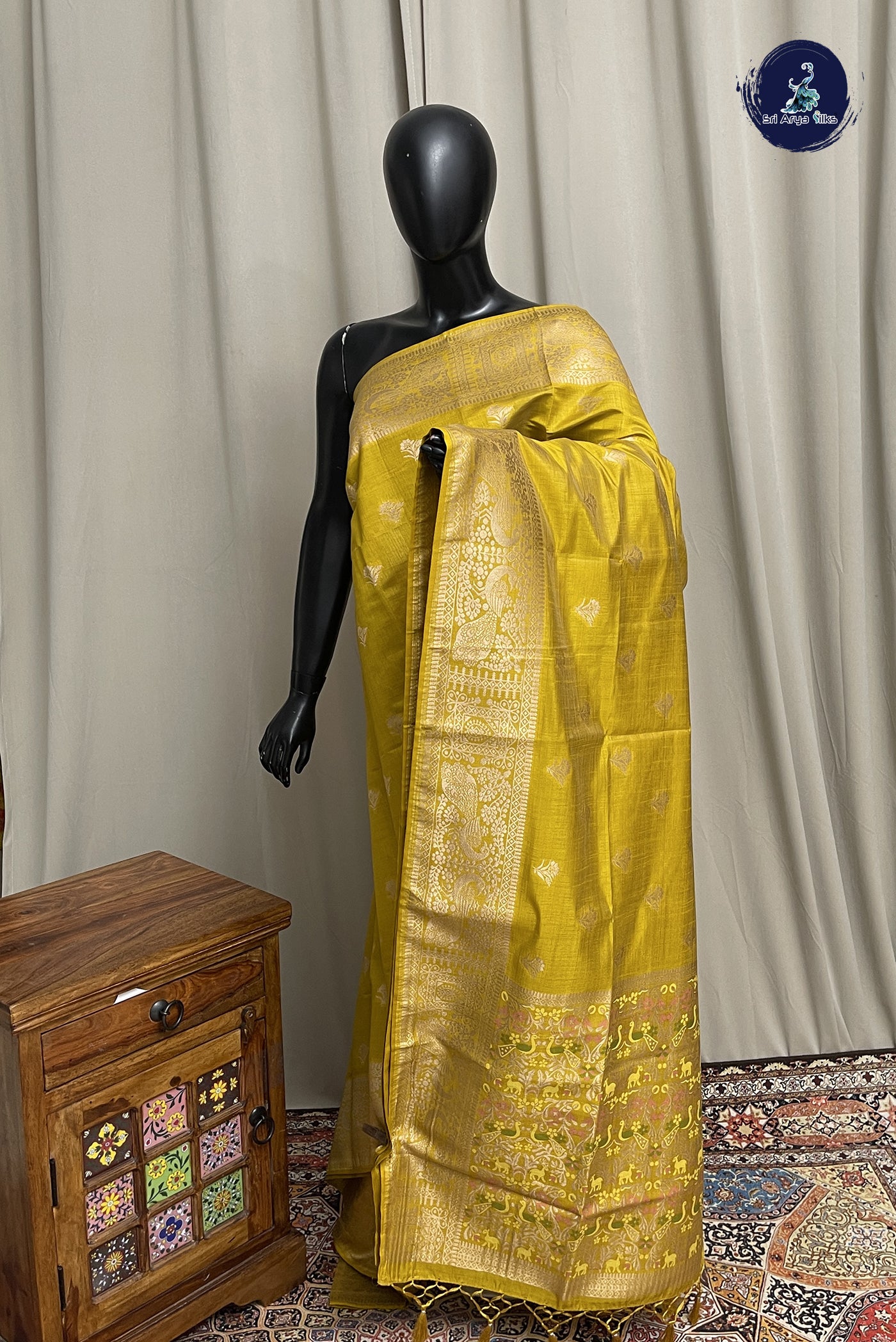 Yellow Semi Tussar Saree With Zari Buttas Pattern