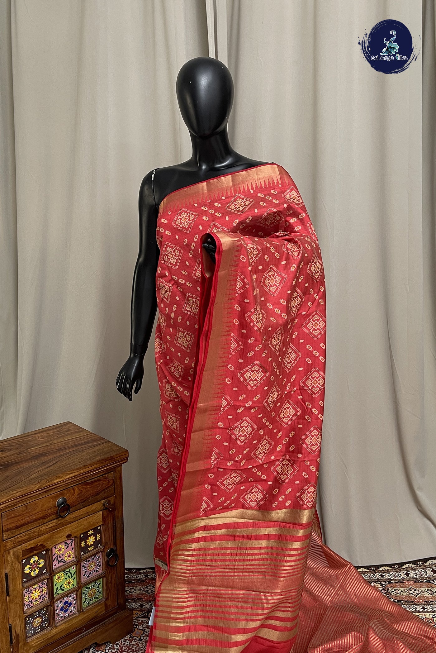 Red Semi Tussar Saree With Printed Pattern