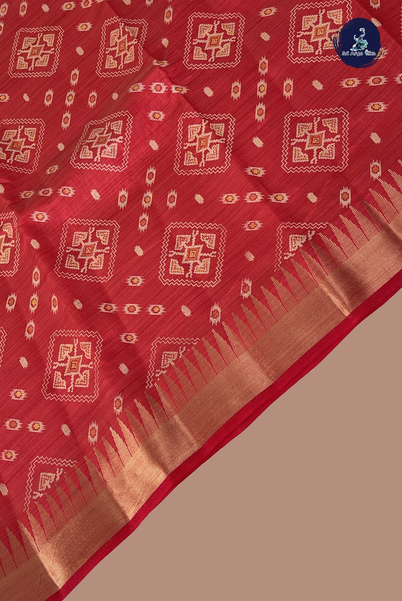 Red Semi Tussar Saree With Printed Pattern