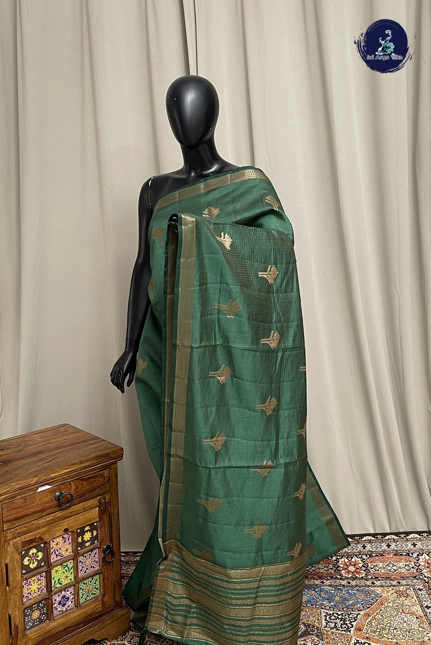 Dark Green Semi Tussar Saree With Zari Buttas Pattern