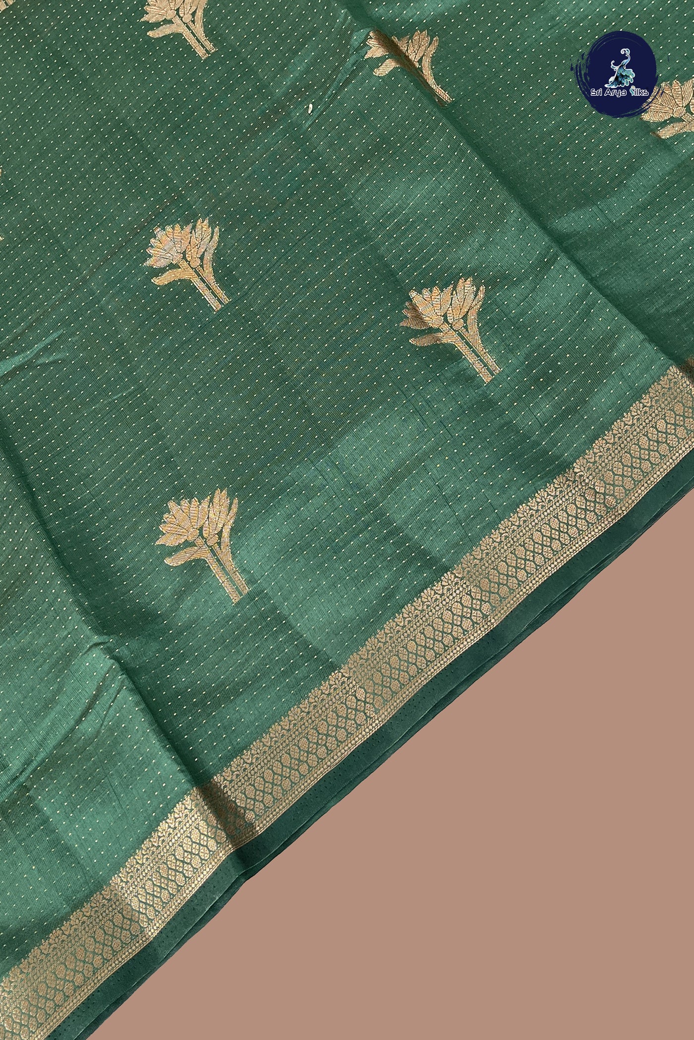 Dark Green Semi Tussar Saree With Zari Buttas Pattern