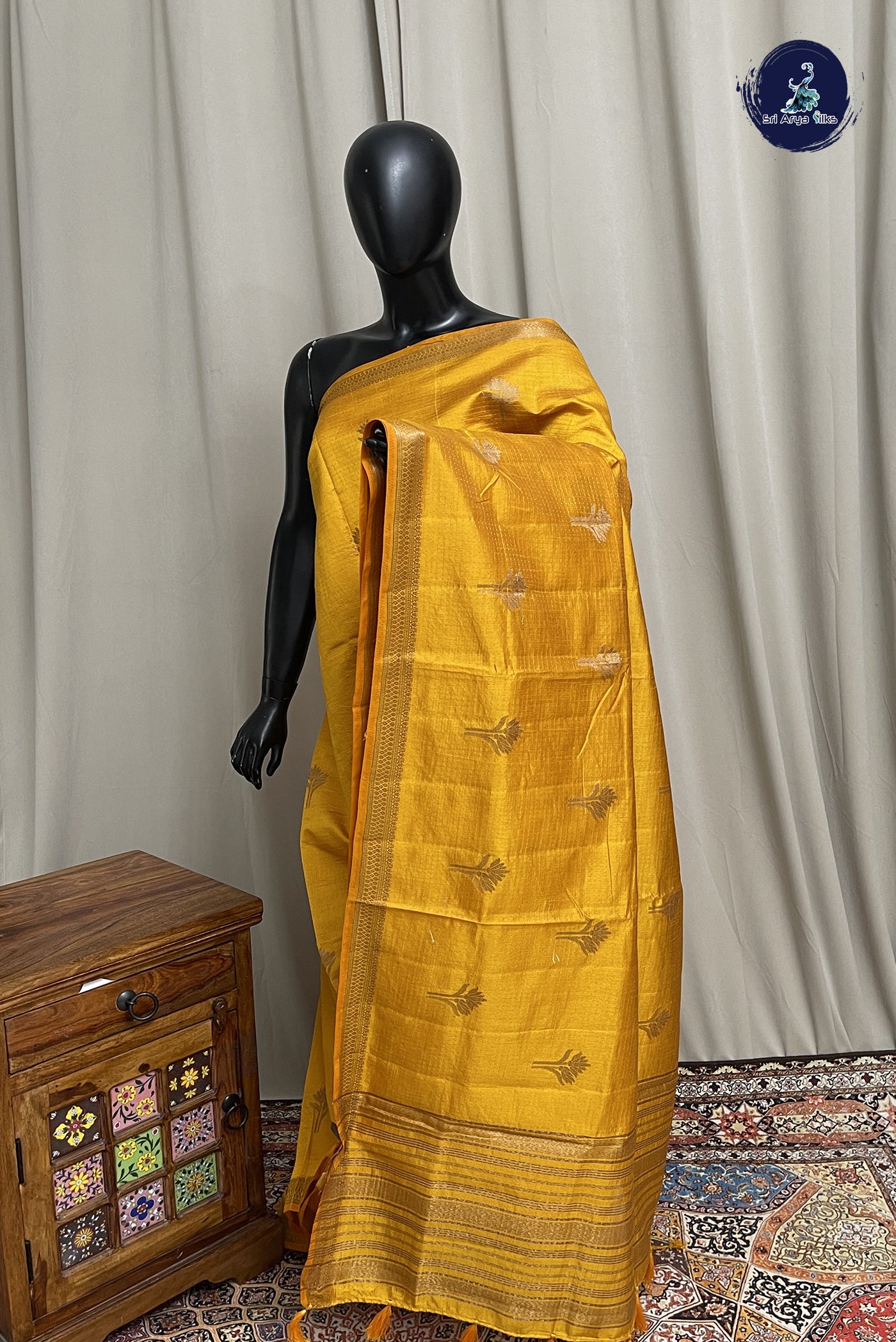 Mustard Yellow Semi Tussar Saree With Zari Buttas Pattern