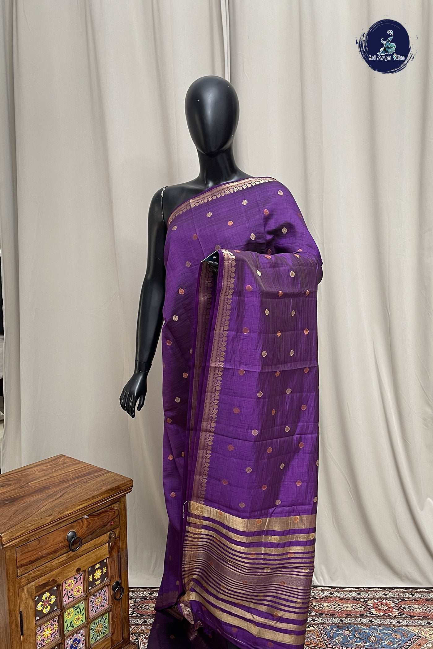 Violet Semi Tussar Saree With Zari Buttas Pattern