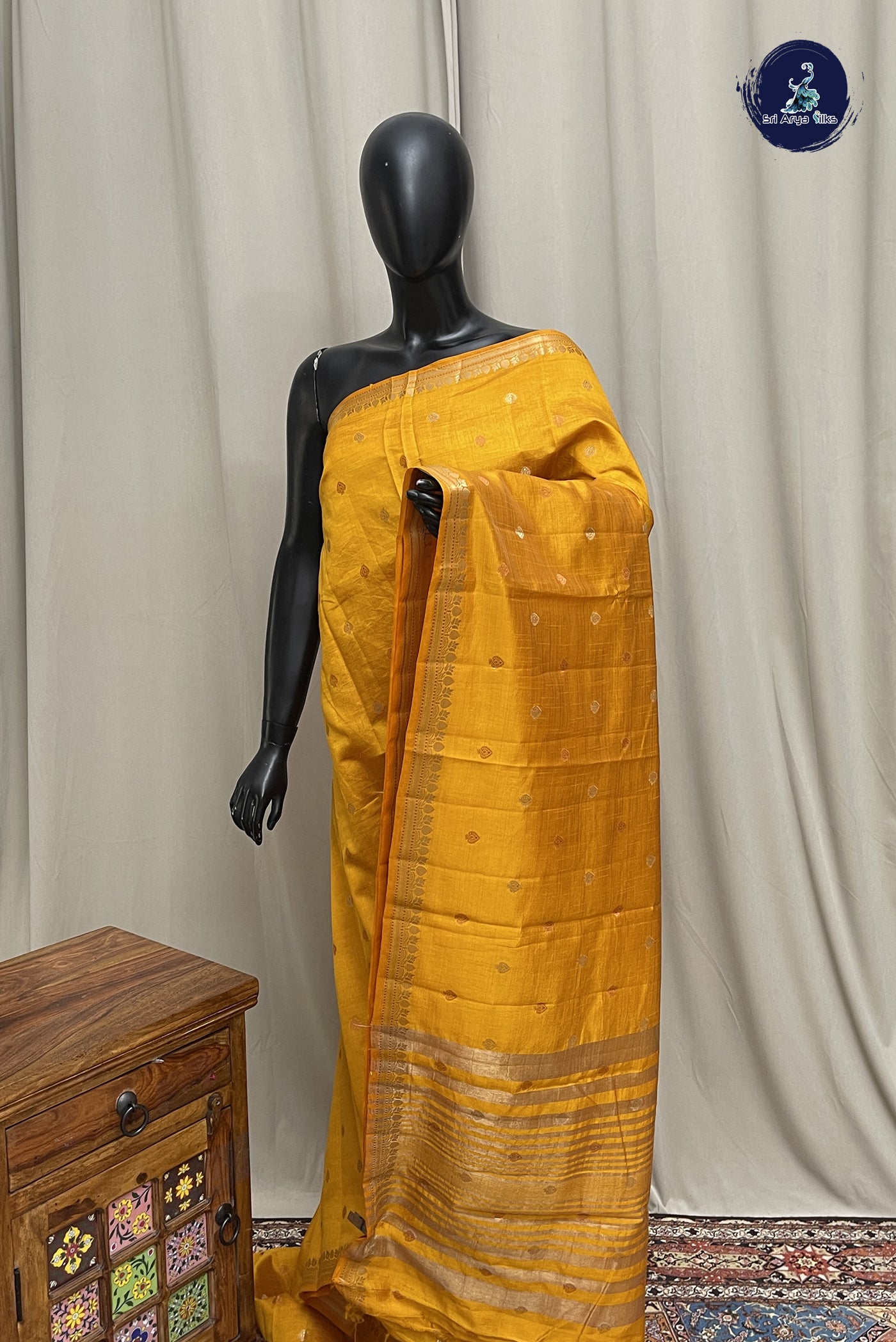 Mustard Yellow Semi Tussar Saree With Zari Buttas Pattern