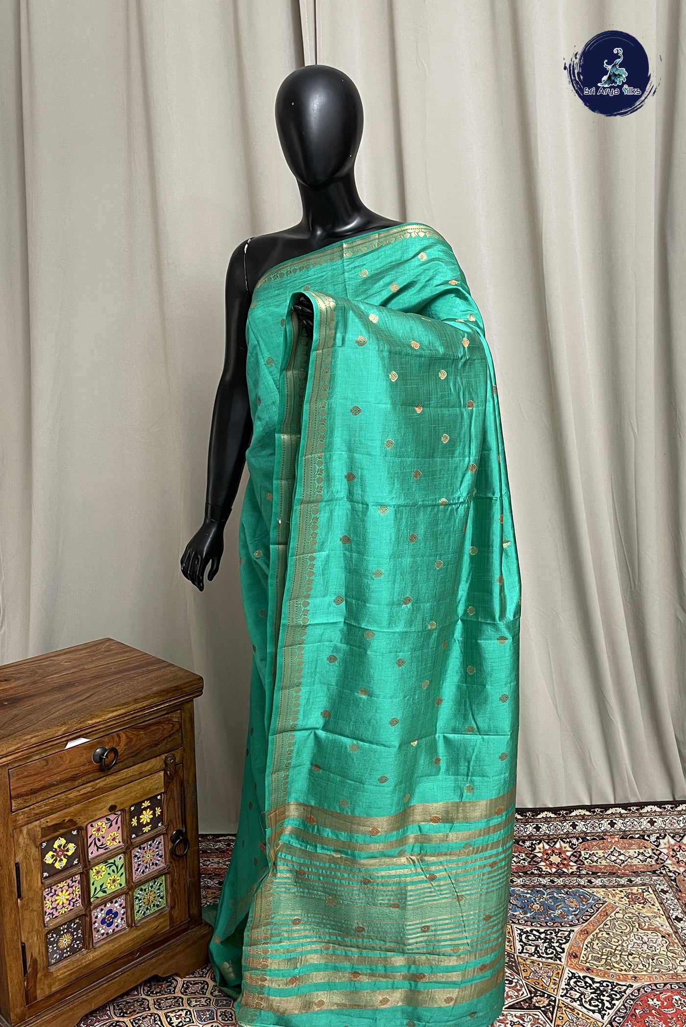 Green Semi Tussar Saree With Zari Buttas Pattern