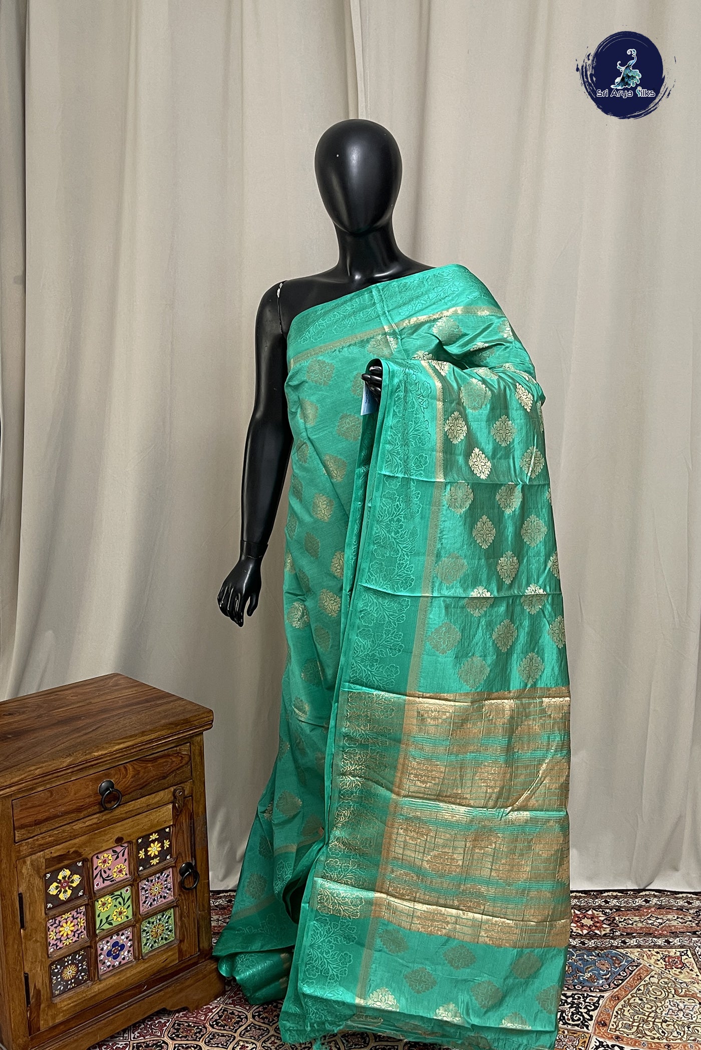 Green Semi Tussar Saree With Zari Buttas Pattern