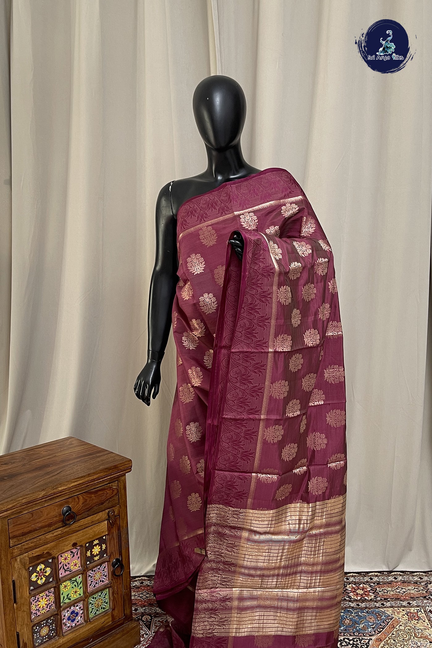 Burgundy Semi Tussar Saree With Zari Buttas Pattern