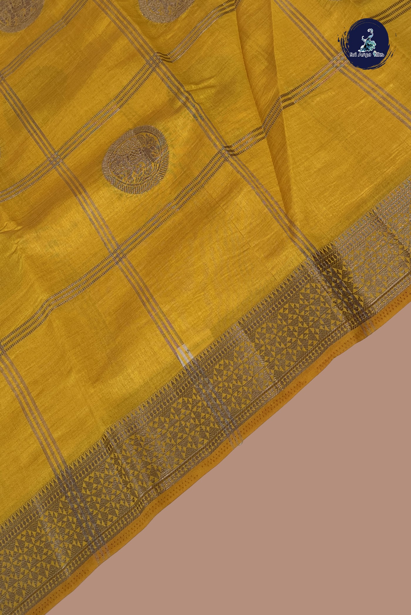 Mustard Yellow Semi Tussar Saree With Zari Checked Pattern
