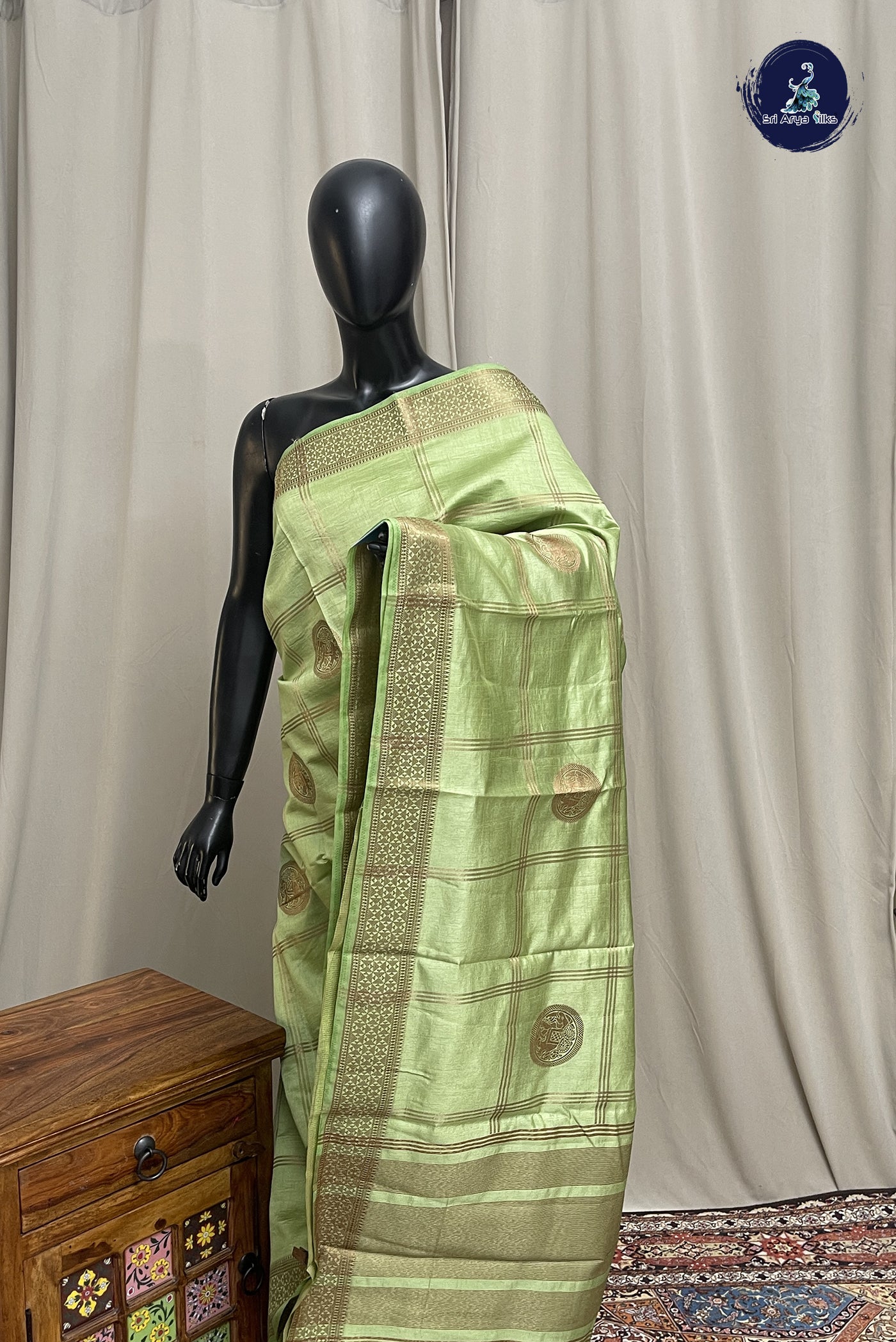 Pista Green Semi Tussar Saree With Zari Checked Pattern