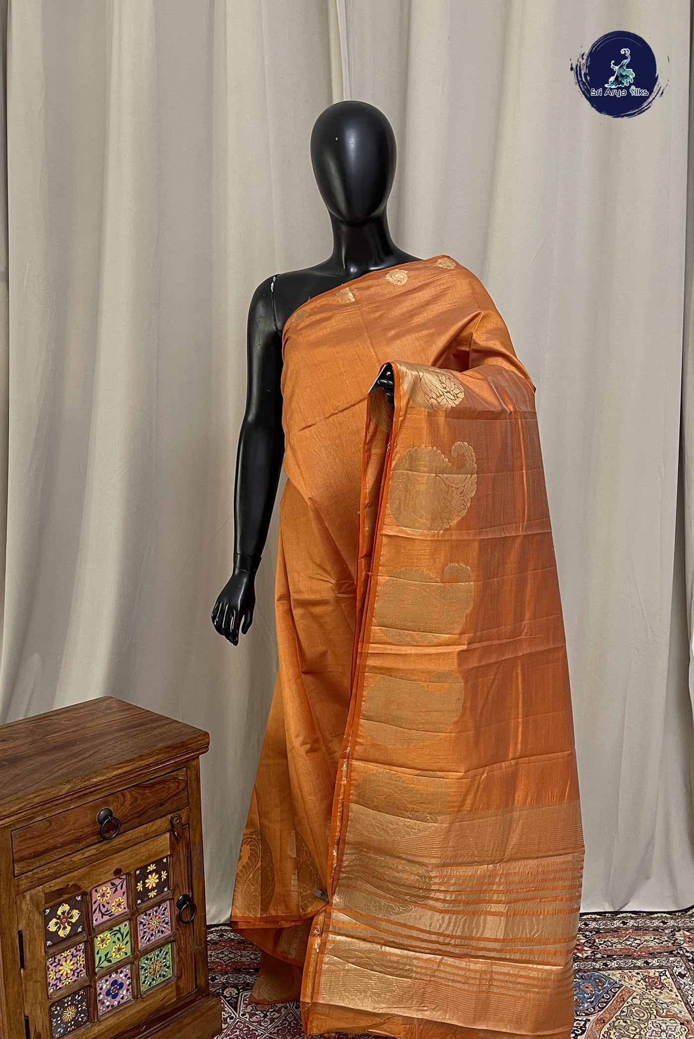Golden Mustard Semi Tussar Saree With Plain Pattern