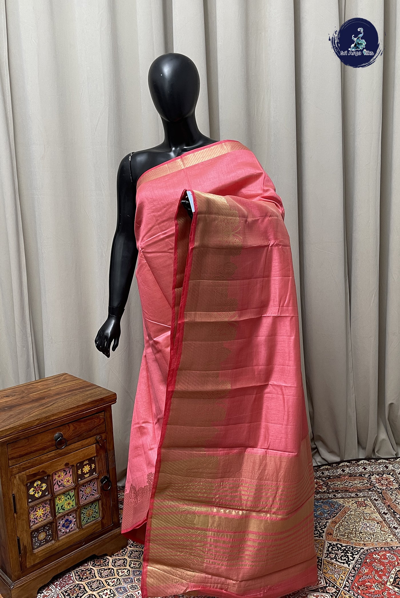 Pink Semi Tussar Saree With Plain Pattern