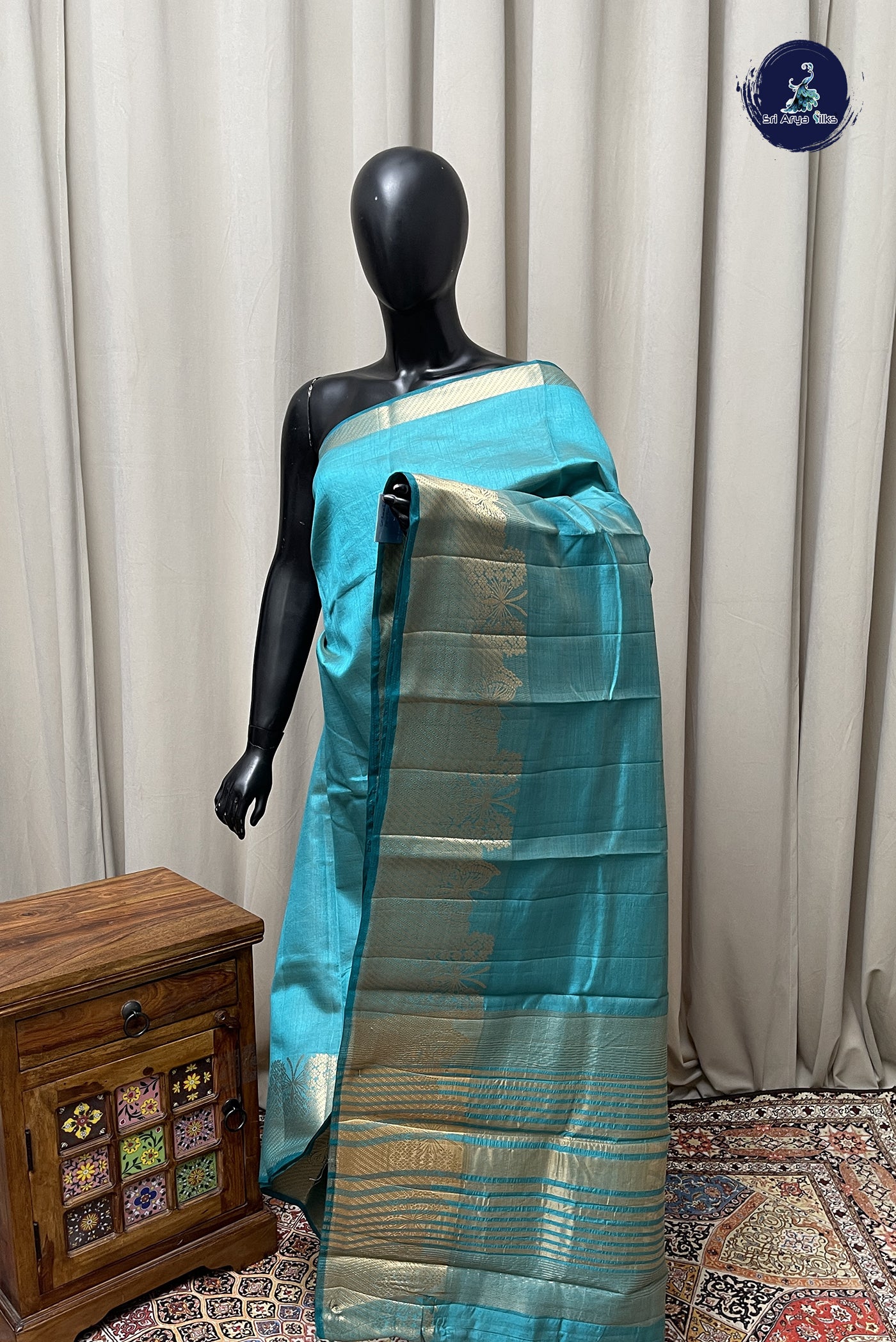 Teal Semi Tussar Saree With Plain Pattern