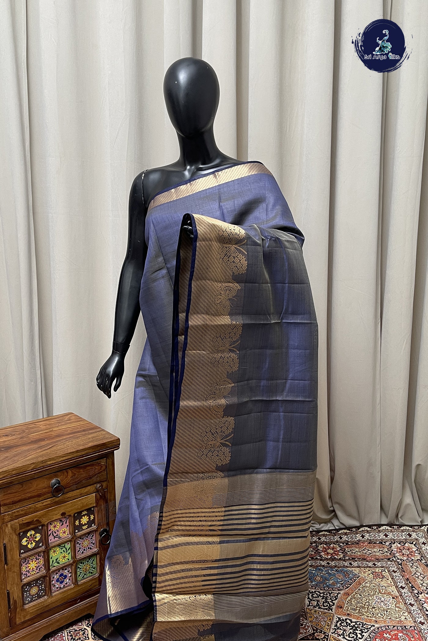 Greyish Blue Semi Tussar Saree With Plain Pattern