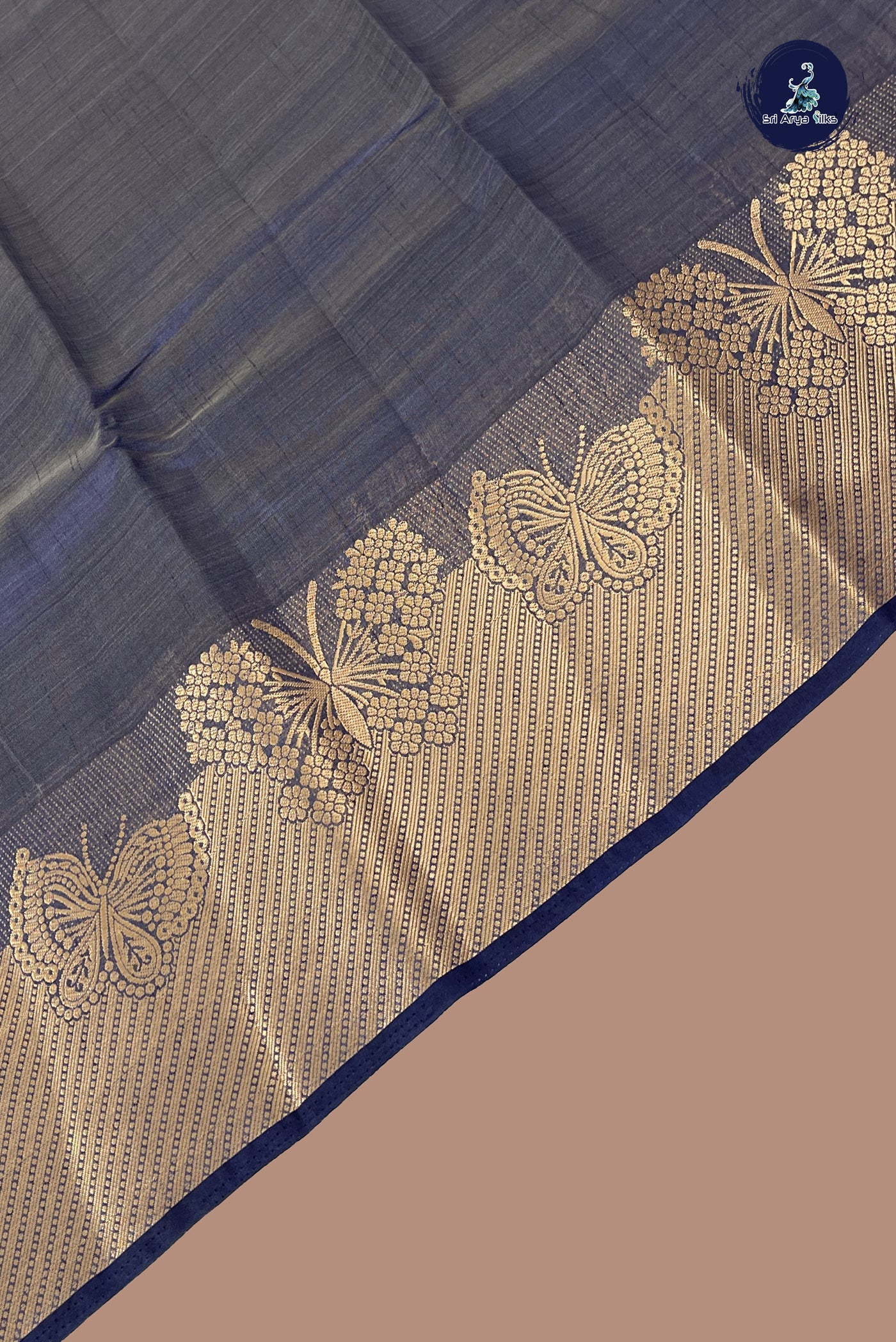 Greyish Blue Semi Tussar Saree With Plain Pattern