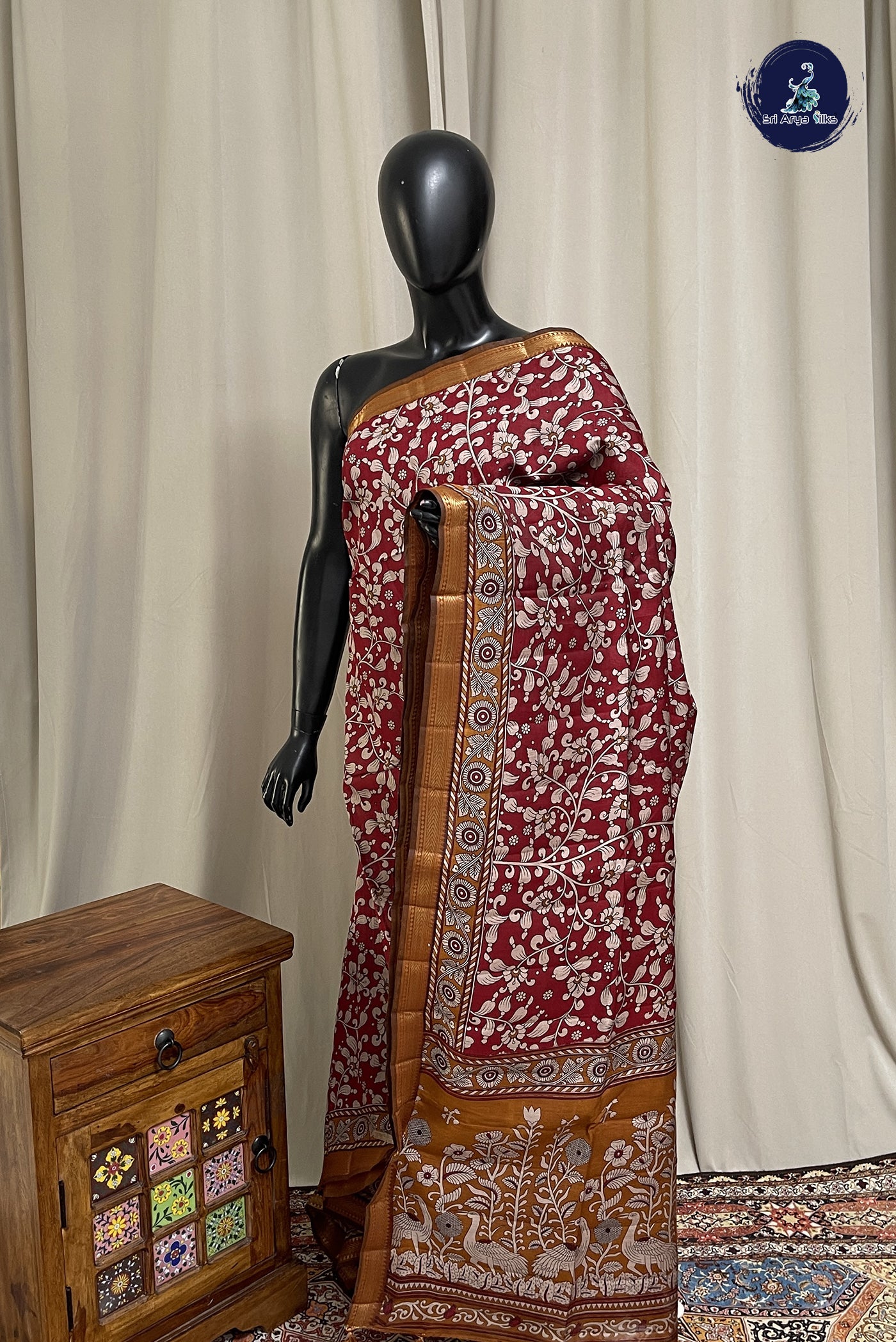 Maroon Chanderi Silk Cotton Saree With Printed Pattern