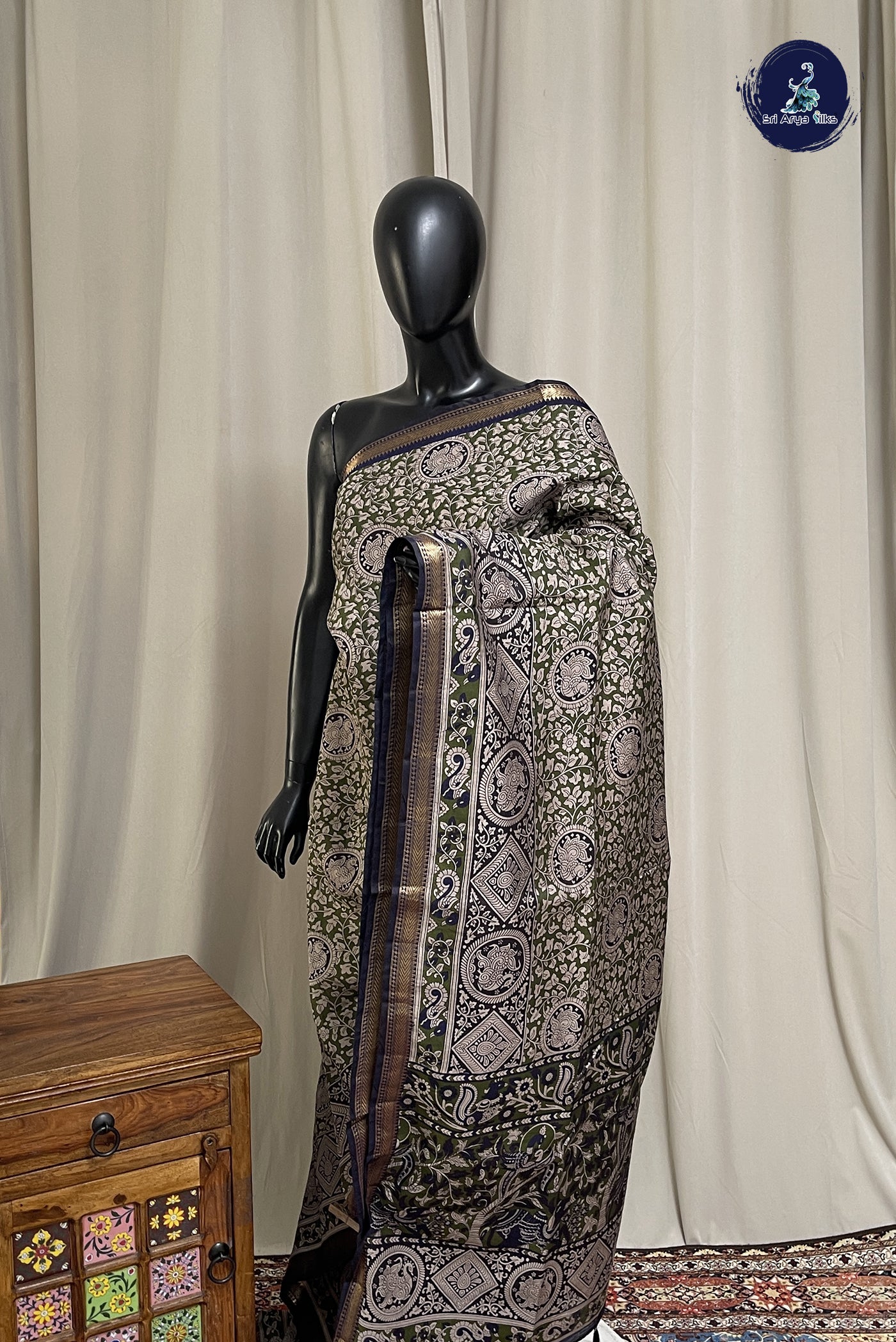 Green Chanderi Silk Cotton Saree With Printed Pattern