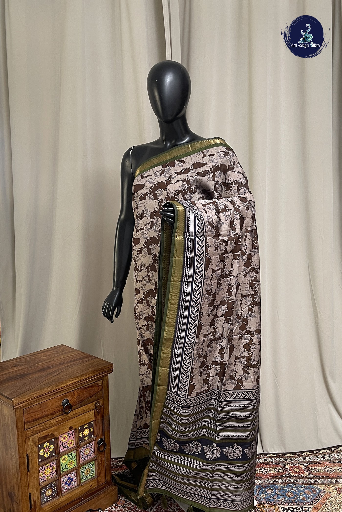 Dual Tone Brown Chanderi Silk Cotton Saree With Printed Pattern