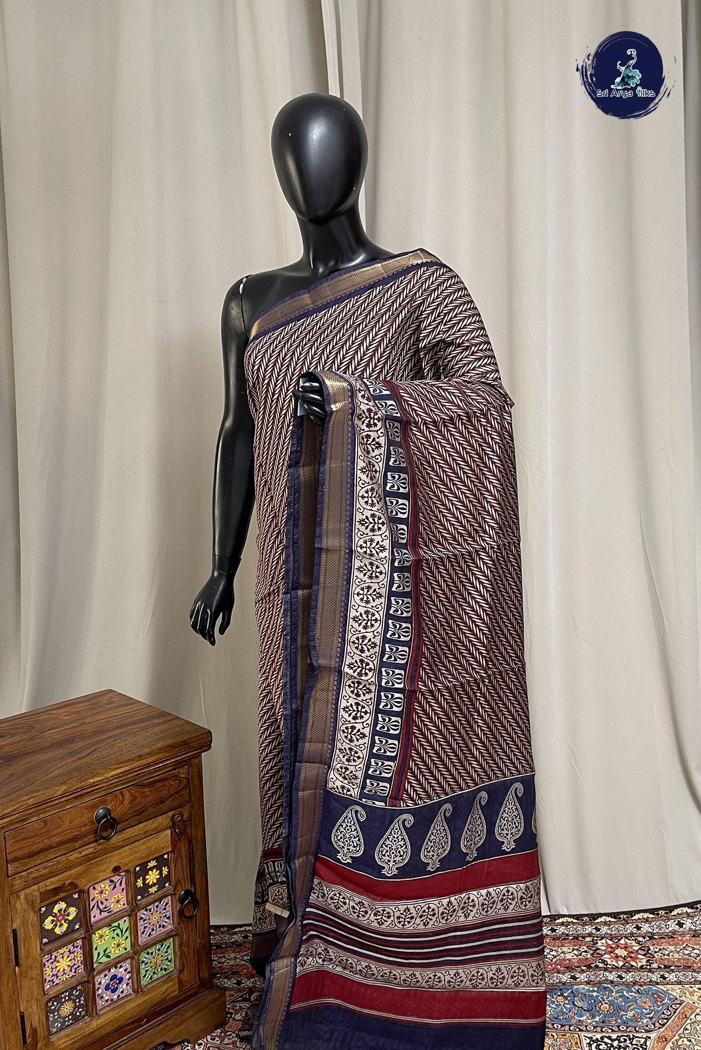 Brown Chanderi Silk Cotton Saree With Printed Pattern