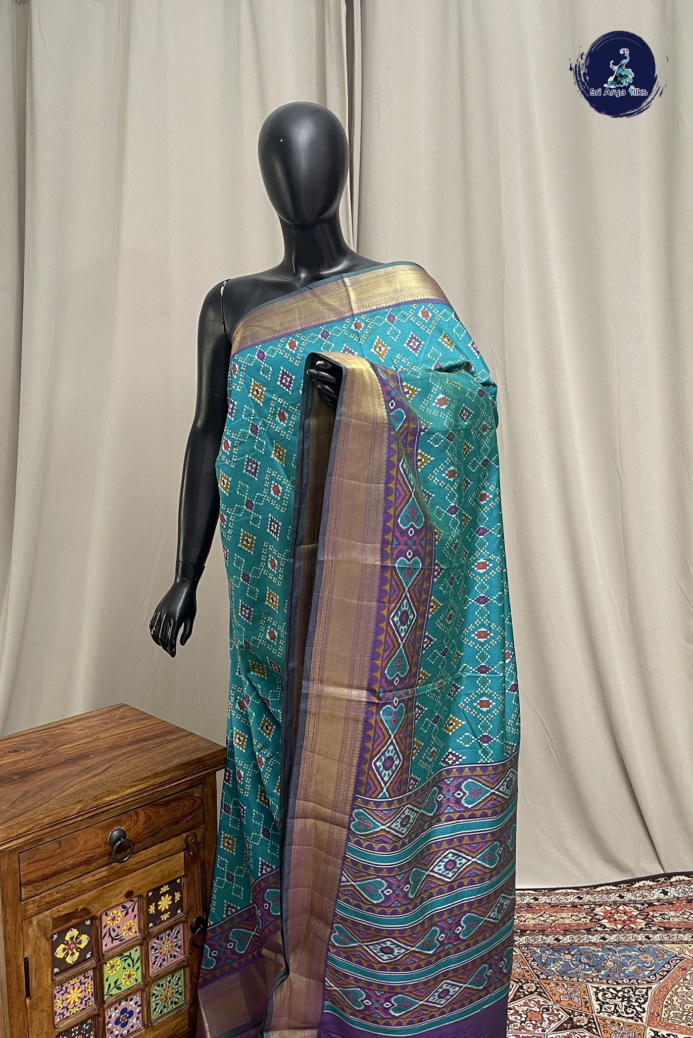 Teal Semi Pattola Saree With Patola Pattern