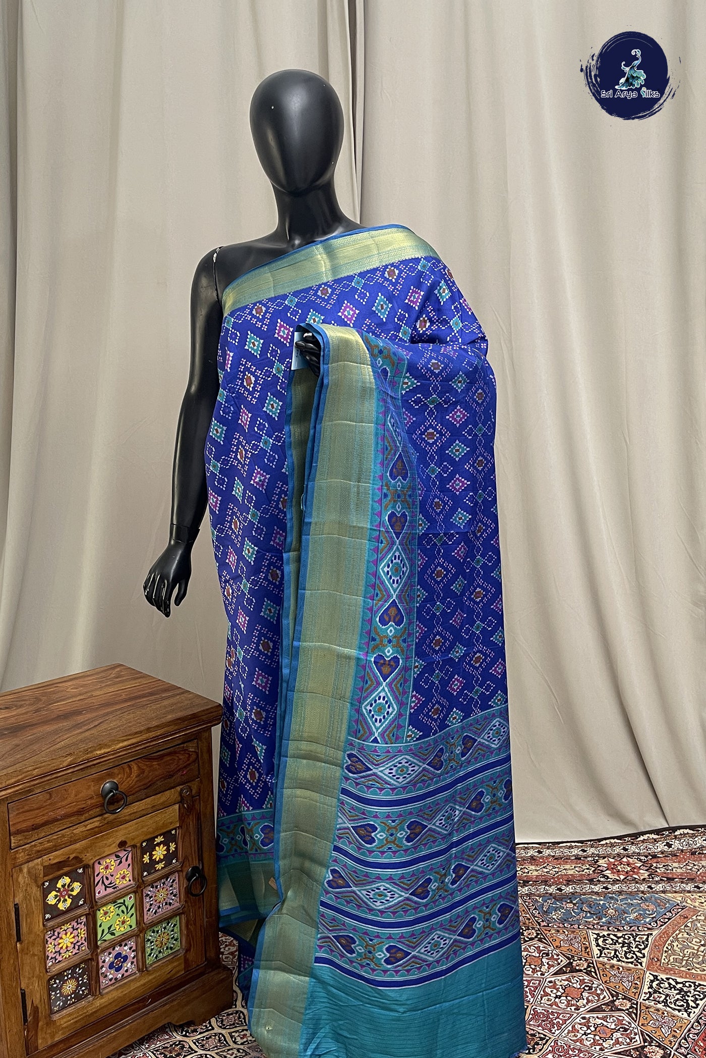Ink Blue Semi Pattola Saree With Patola Pattern