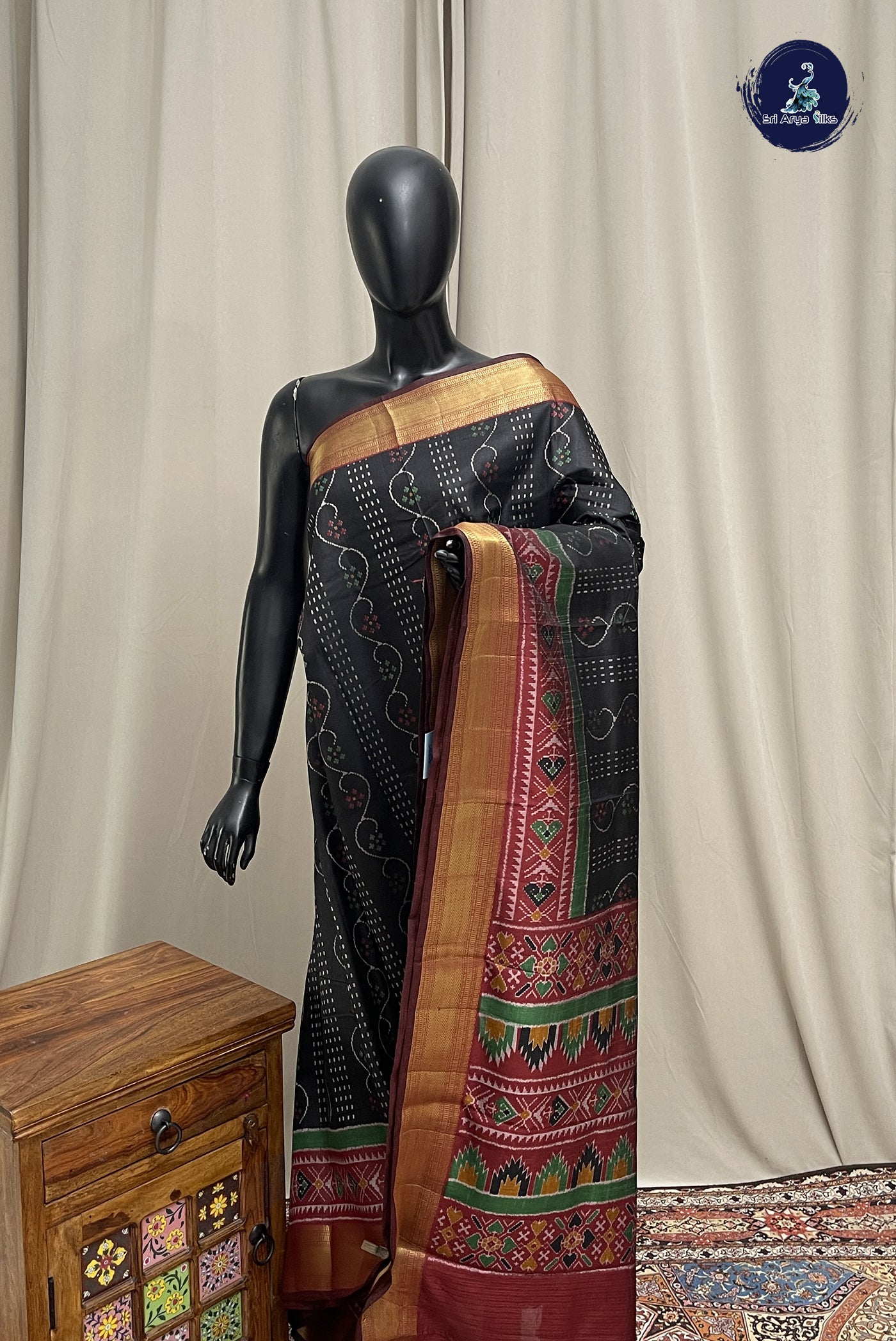 Black Semi Pattola Saree With Patola Pattern