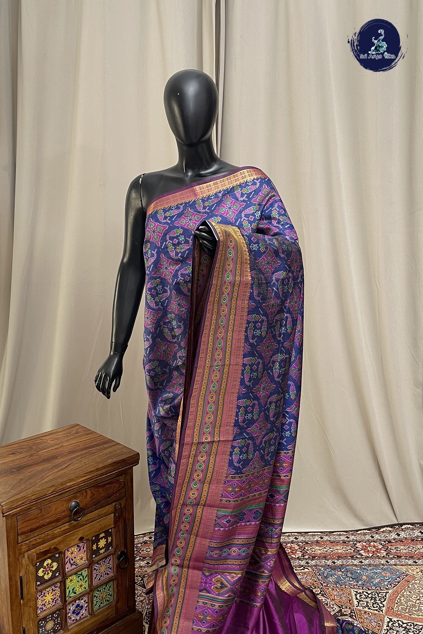 Dark Blue Semi Pattola Saree With Patola Pattern
