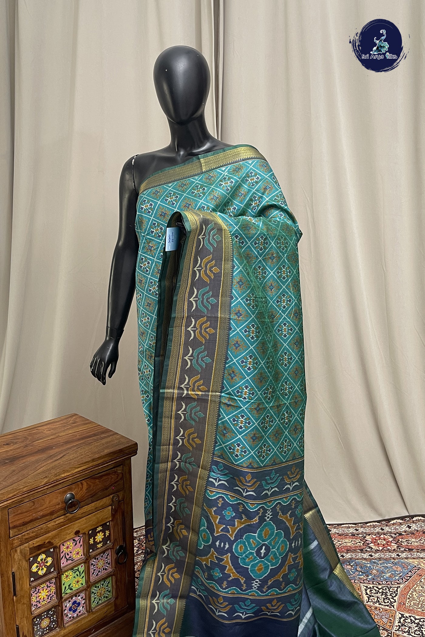 Teal Semi Pattola Saree With Patola Pattern