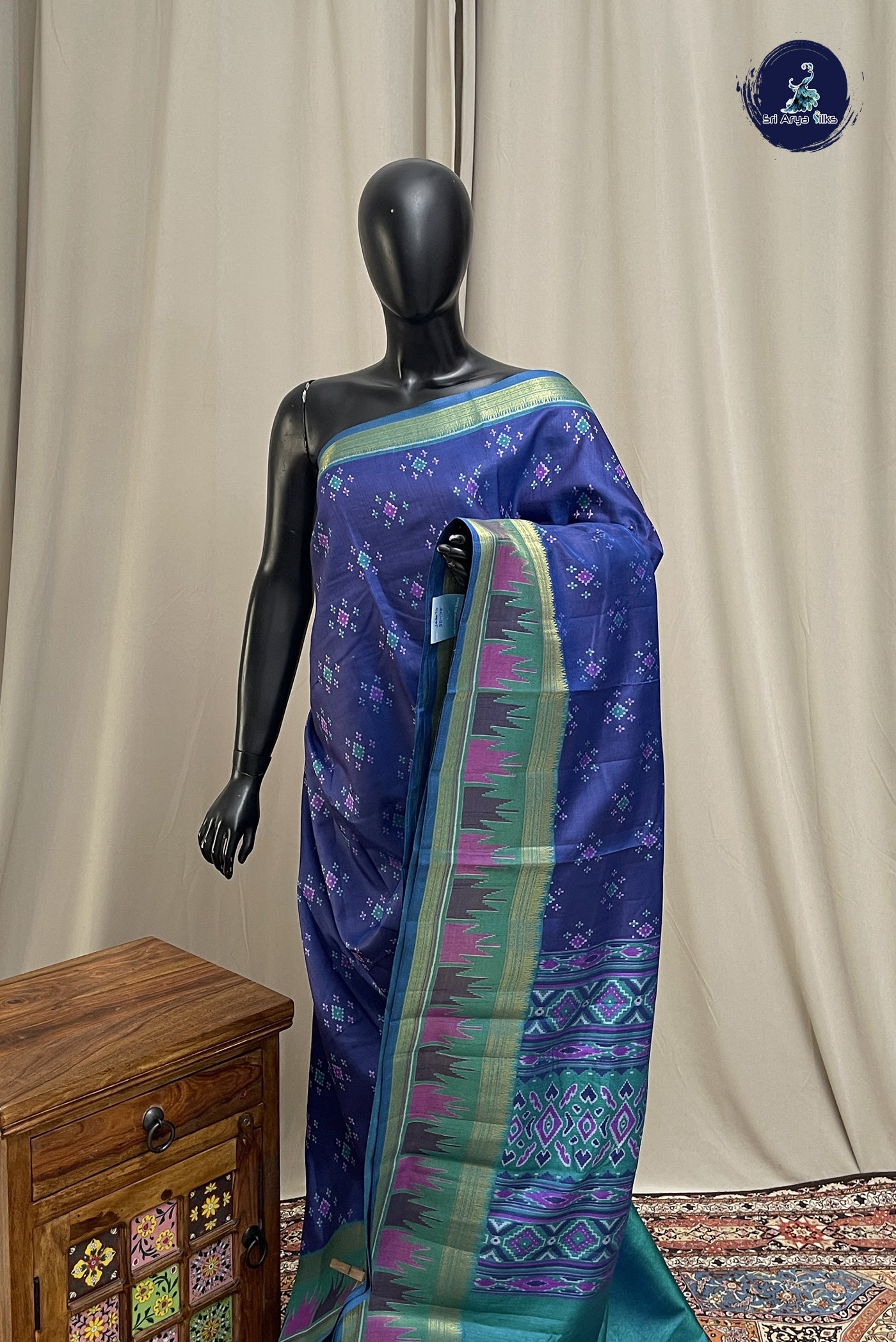 Ink Blue Semi Pattola Saree With Patola Pattern