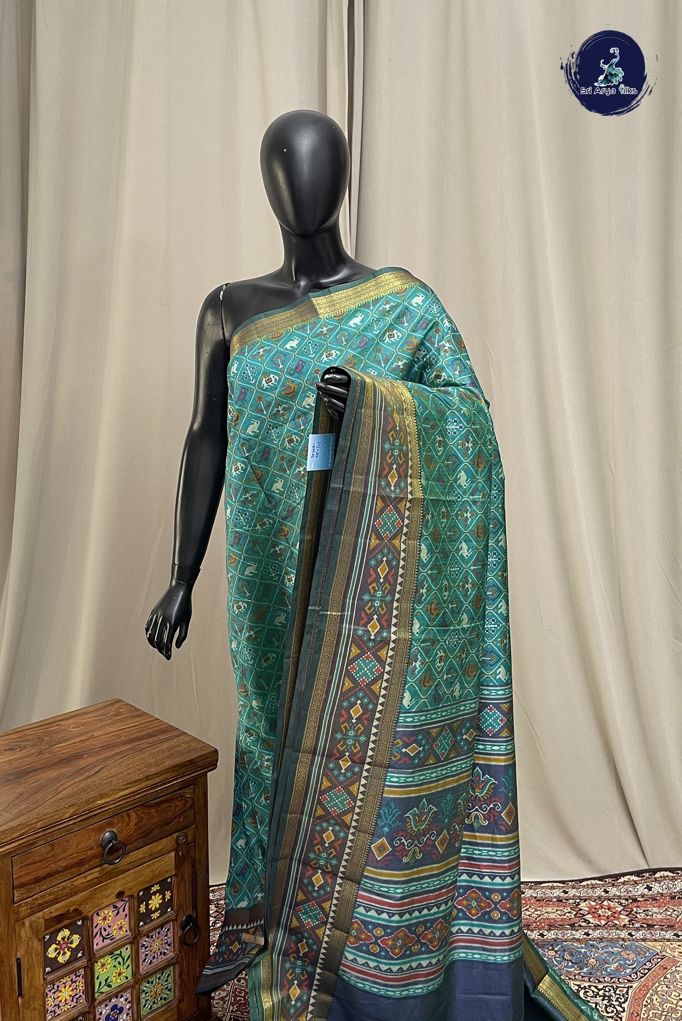 Teal Semi Pattola Saree With Patola Pattern