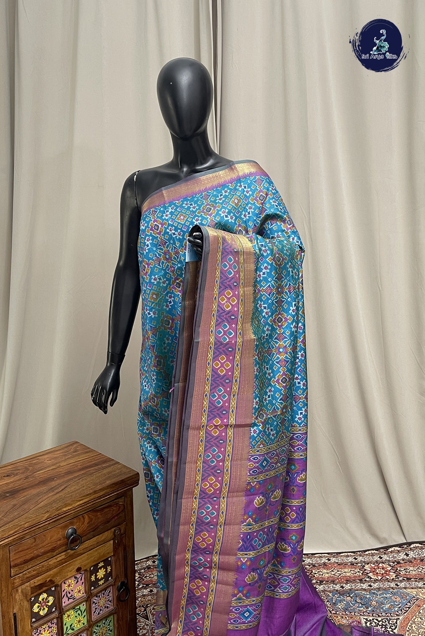 Blue Semi Pattola Saree With Patola Pattern