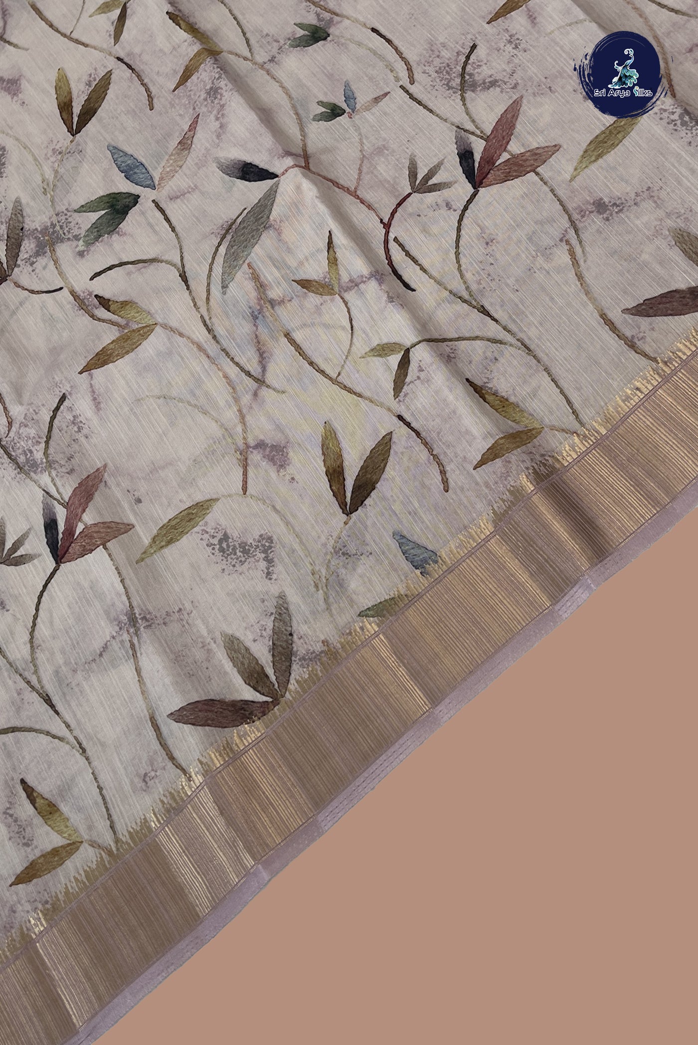 Beige Pink Linen Saree With Printed Pattern