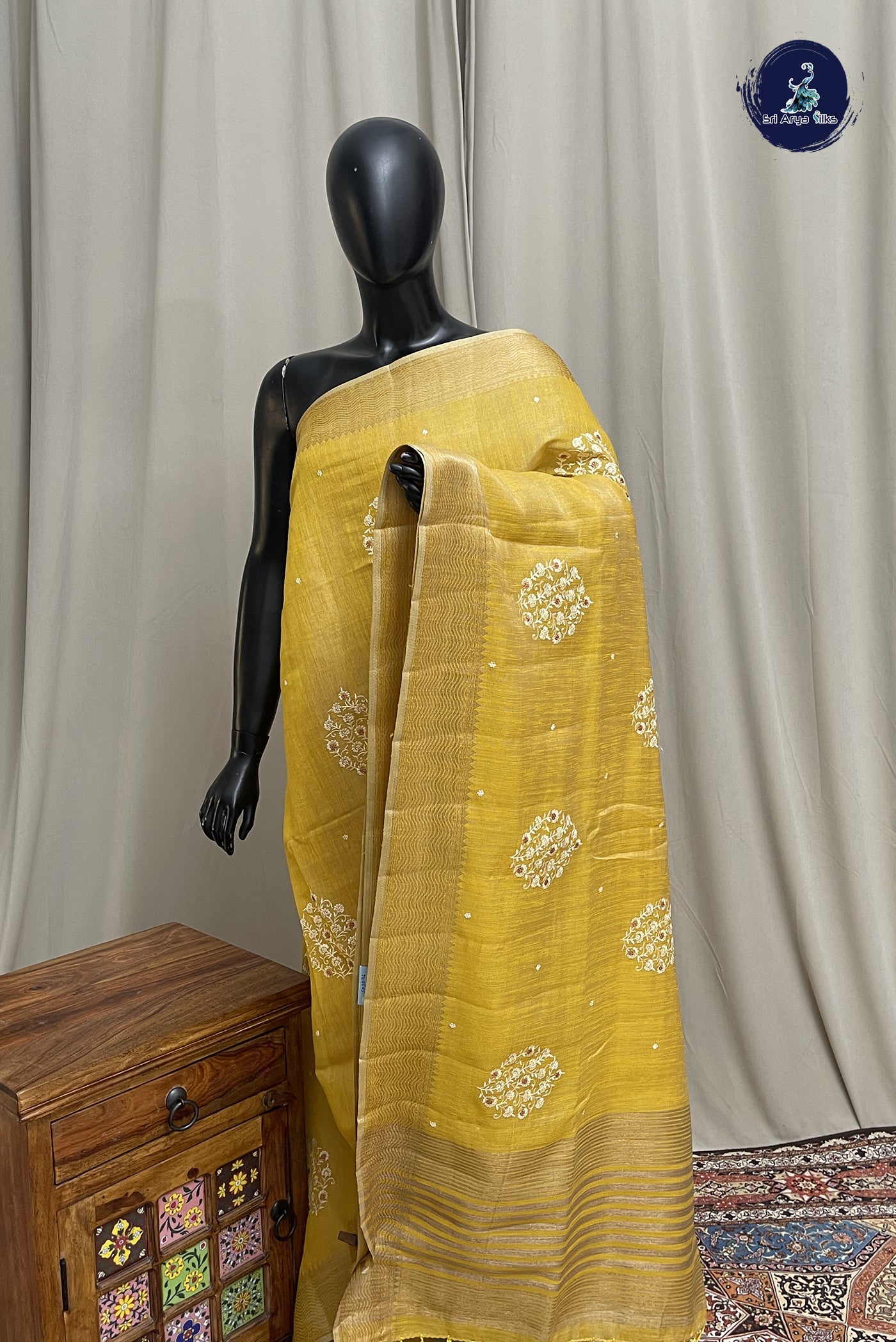 Yellow Linen Saree With Embroidery Pattern