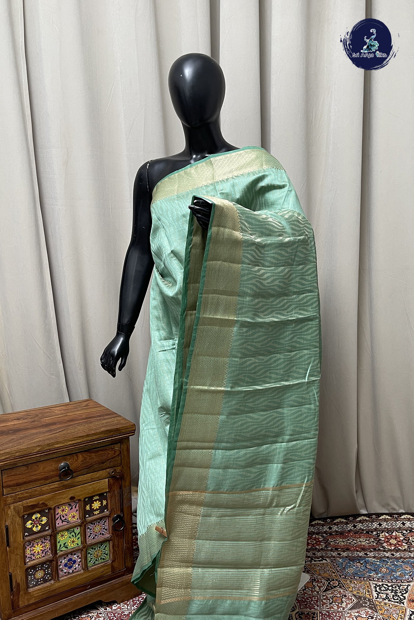 Pastel Green Semi Tussar Saree With Embossed Pattern