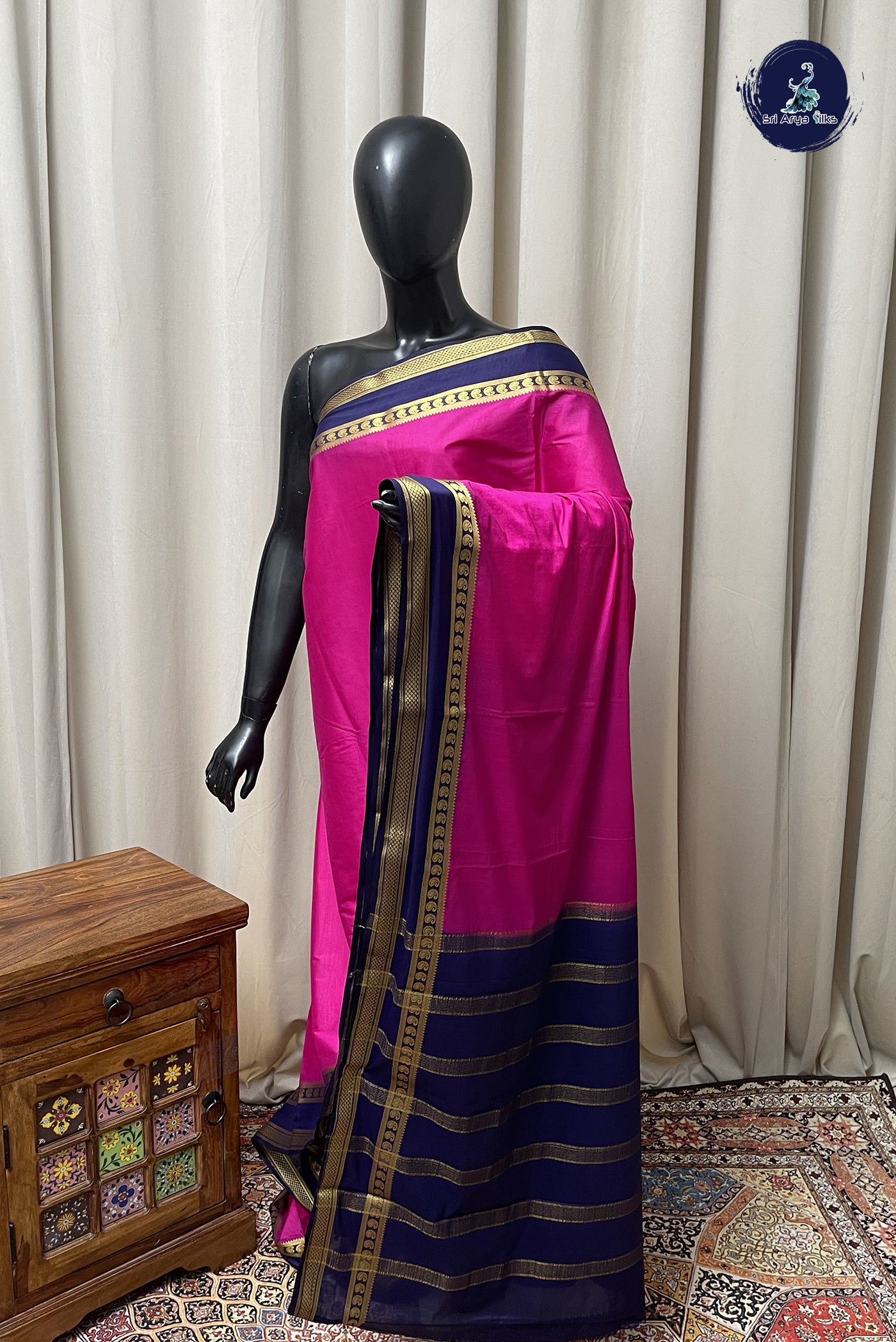 Dark Pink Semi Mysore Silk With Plain Pattern