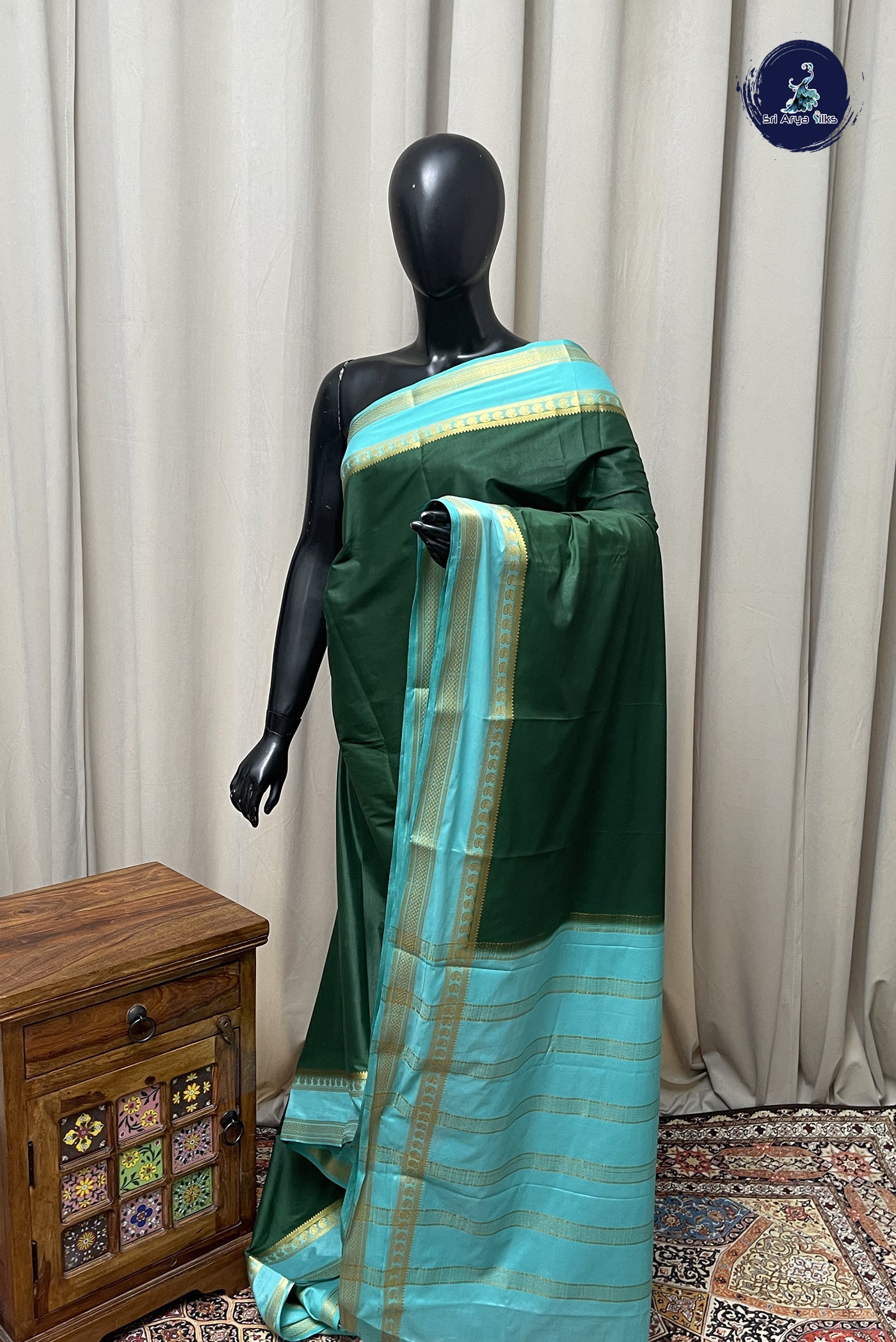 Dark Green Semi Mysore Silk With Plain Pattern