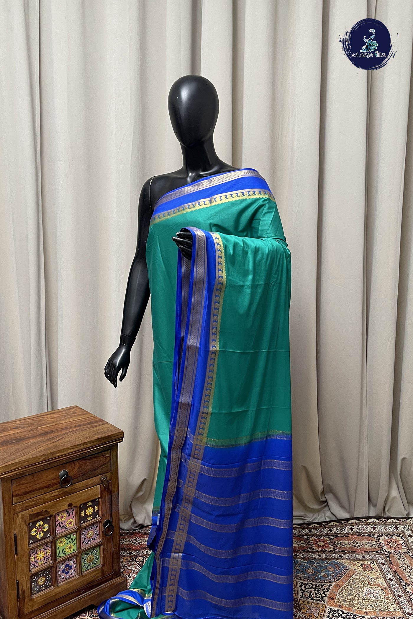 Teal Semi Mysore Silk With Plain Pattern
